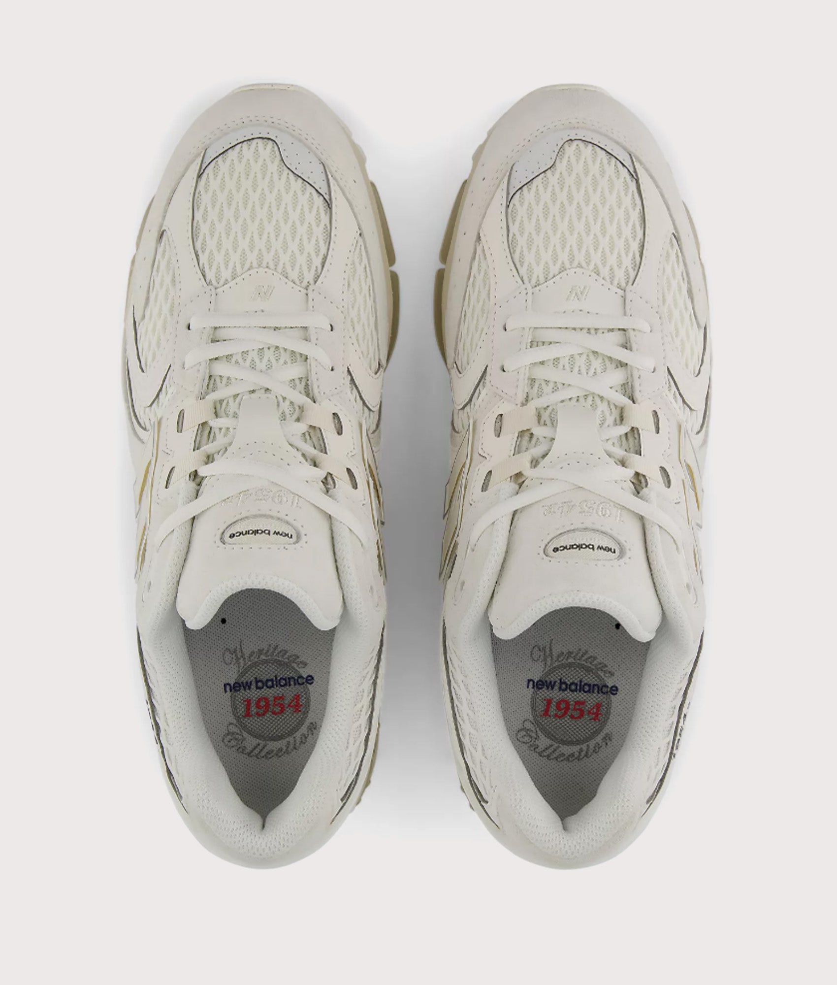 New Balance 1954R Sneakers in Sea Salt and Linen at EQVVS Menswear. Top shot.
