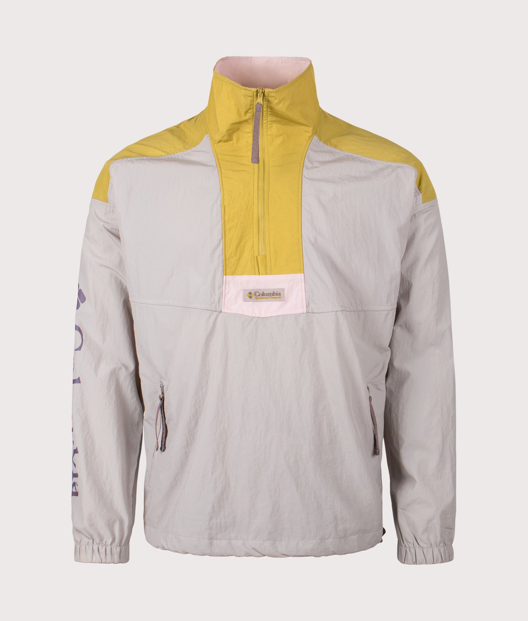 Columbia Riptide II Retro Windbreaker Anorak in Flint Grey, Peppercorn and Pink Agate at EQVVS Menswear. Front shot.