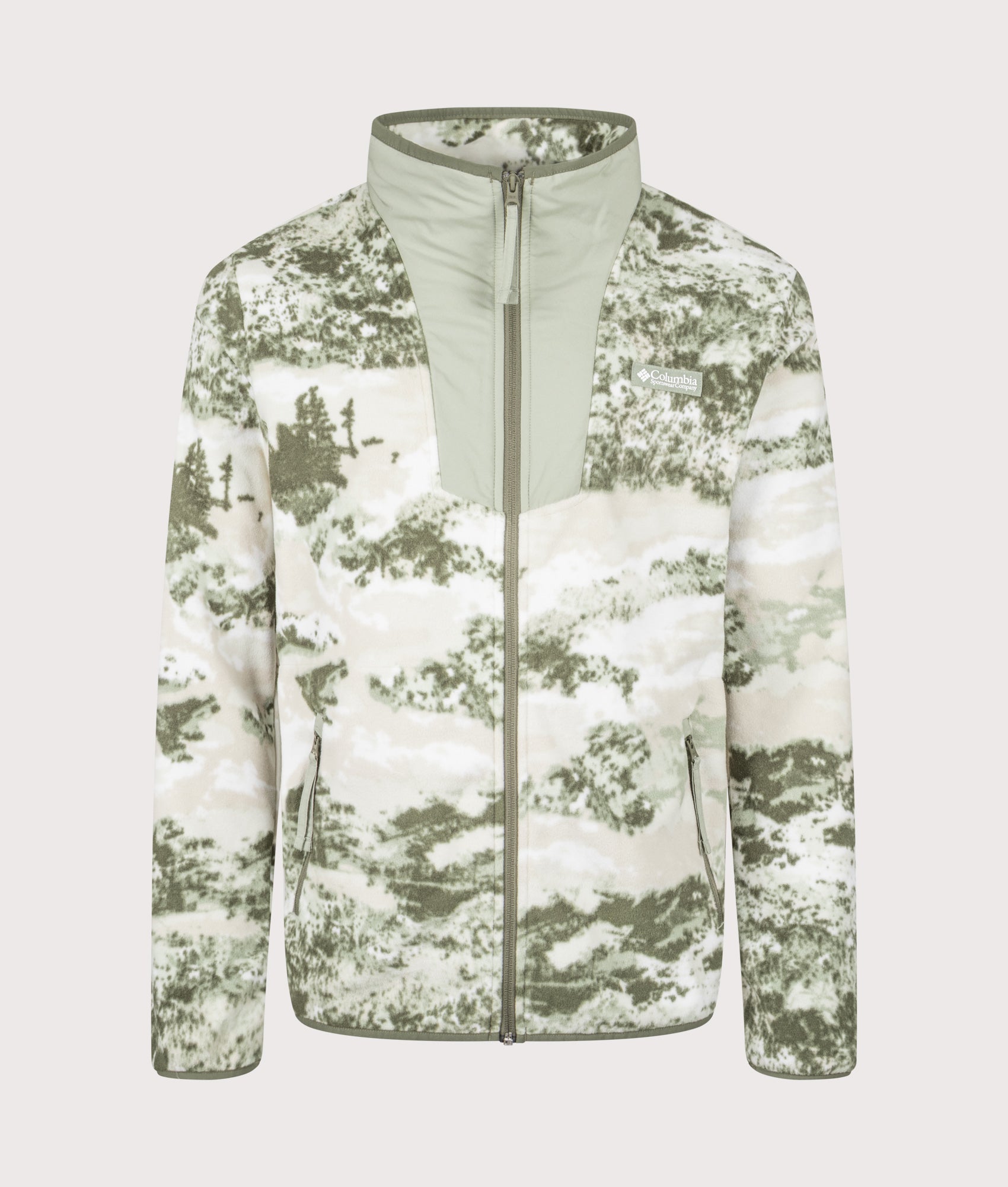 Columbia Sequoia Grove Printed Full Zip Fleece in Safari and Fieldaze at EQVVS Menswear. Front shot.