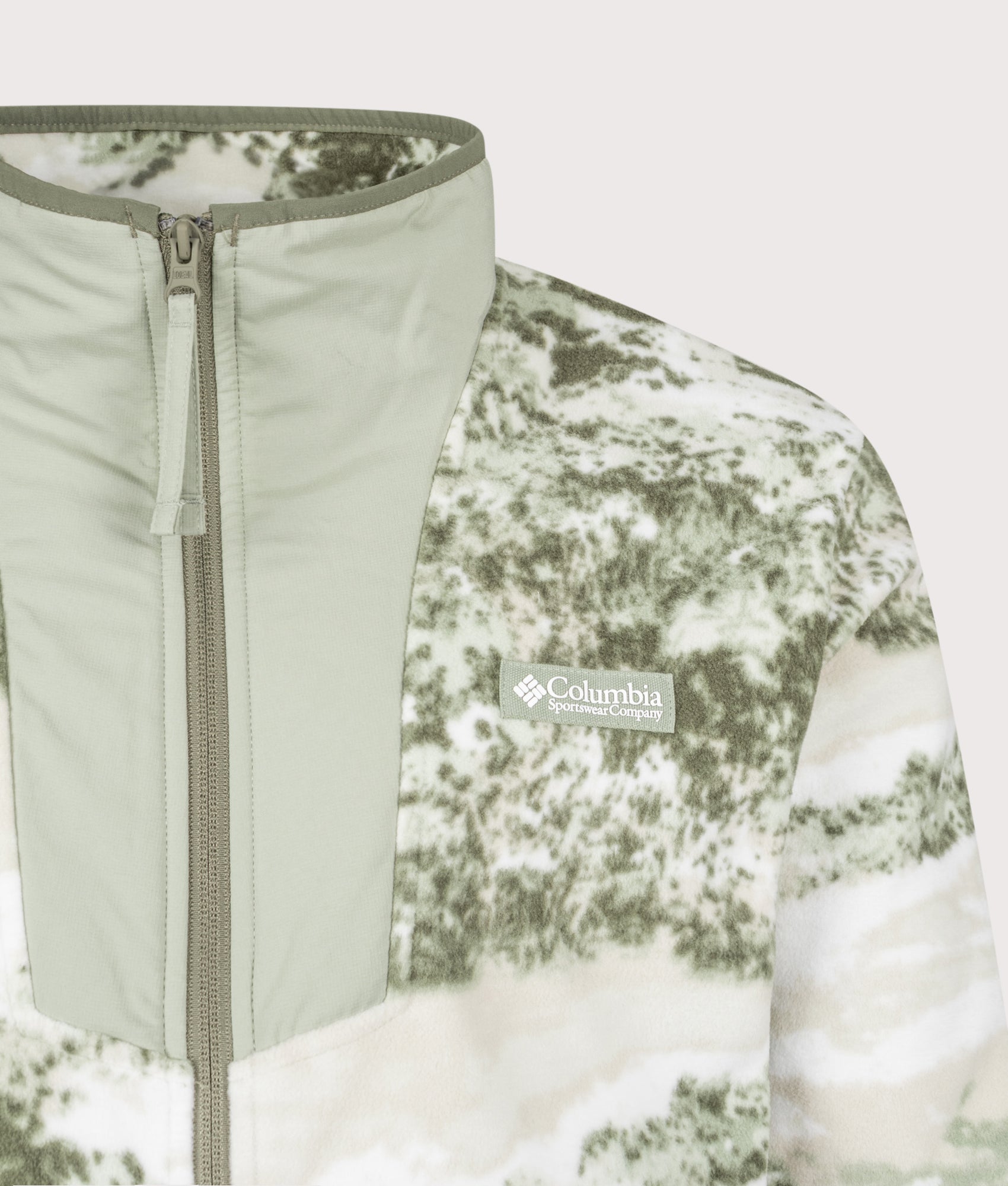 Columbia Sequoia Grove Printed Full Zip Fleece in Safari and Fieldaze at EQVVS Menswear. Detail shot.