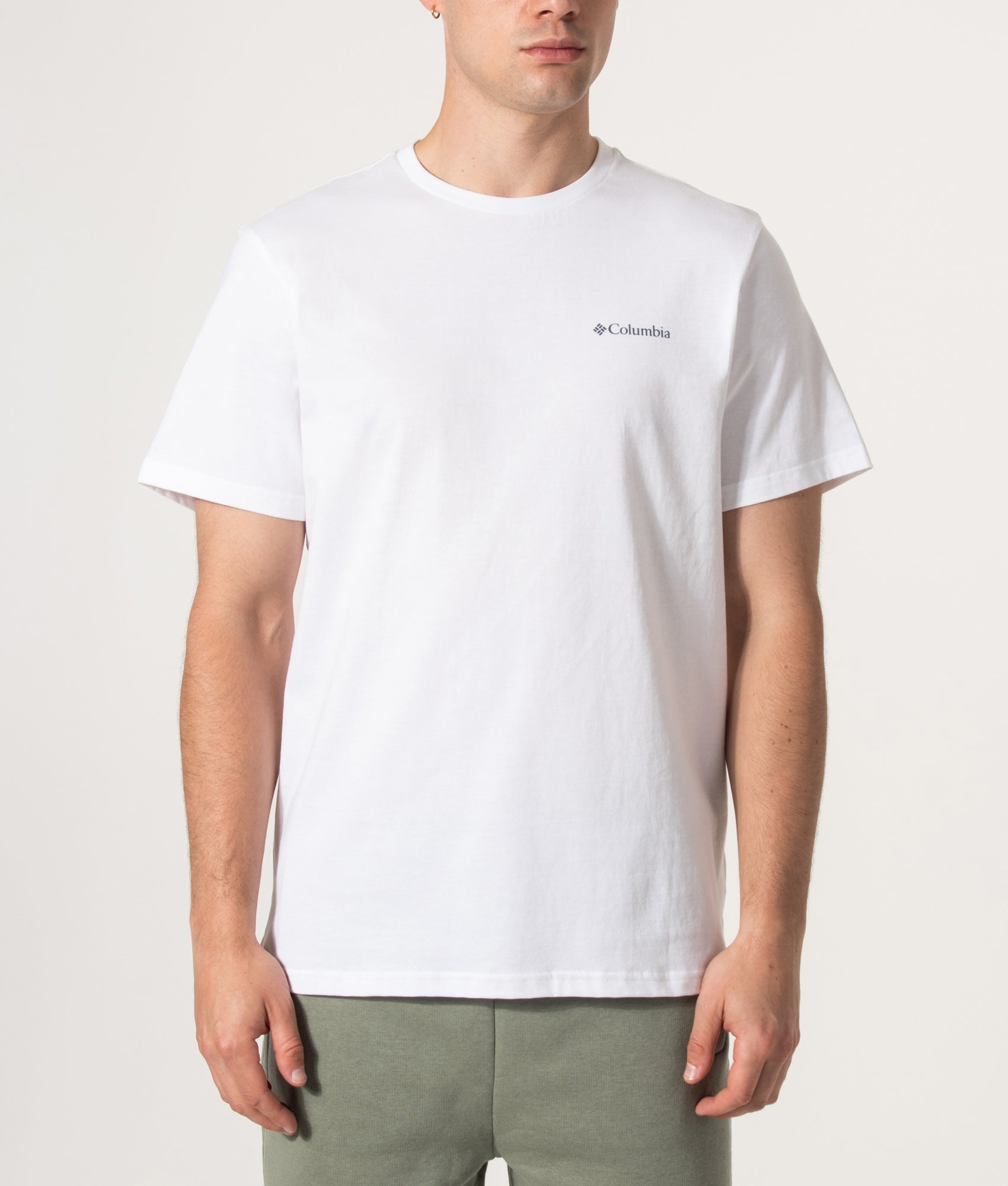 Columbia CSC Outdoor Back Graphic T-Shirt in White at EQVVS Menswear. Model front shot.
