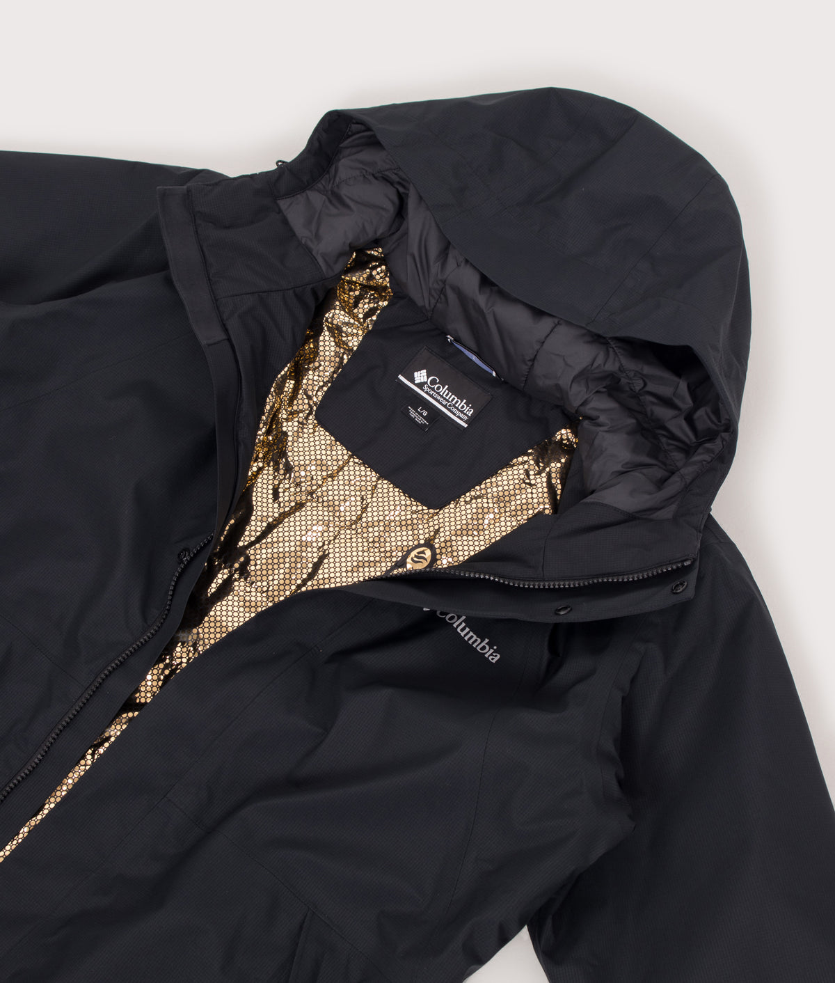 Columbia Street Commuter™ Waterproof Insulated Jacket in Black at EQVVS Menswear. Detail shot.