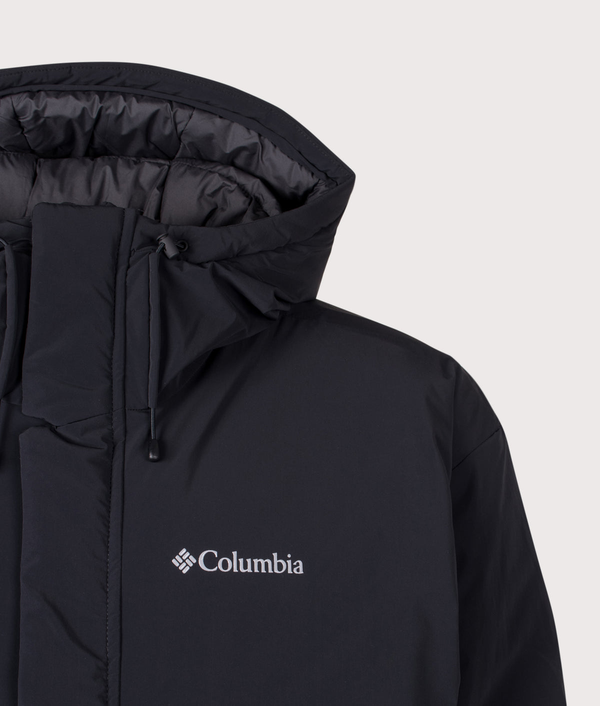 Columbia Street Heights™ Insulated Hooded Jacket in Black at EQVVS Menswear. Detail shot.
