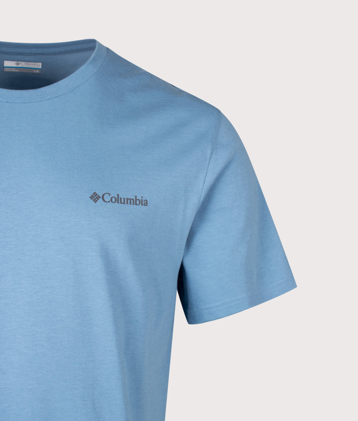 Columbia Regular Fit CSC Basic T-Shirt in Rainy Day at EQVVS Menswear. Detail shot.