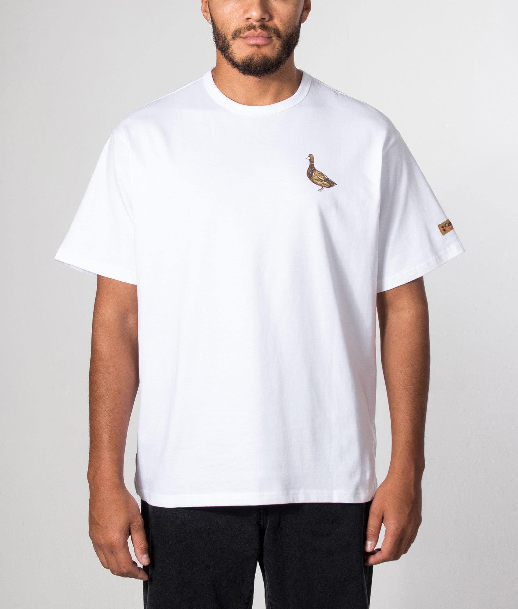 Columbia Relaxed Fit CSC Heavyweight Back Graphic T-Shirt in White Duck Heritage at EQVVS Menswear. Model front shot.