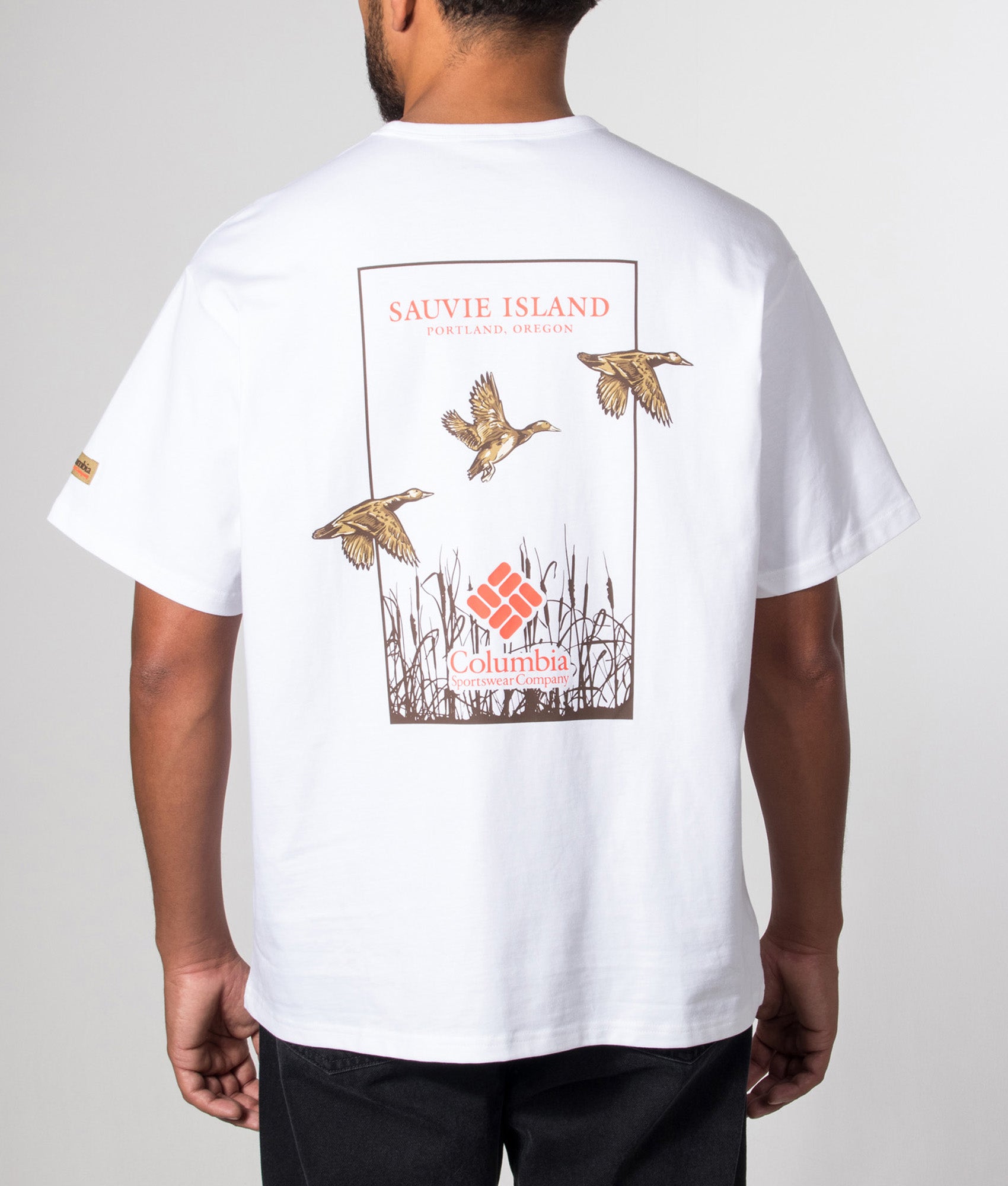 Columbia Relaxed Fit CSC Heavyweight Back Graphic T-Shirt in White Duck Heritage at EQVVS Menswear. Model back shot.