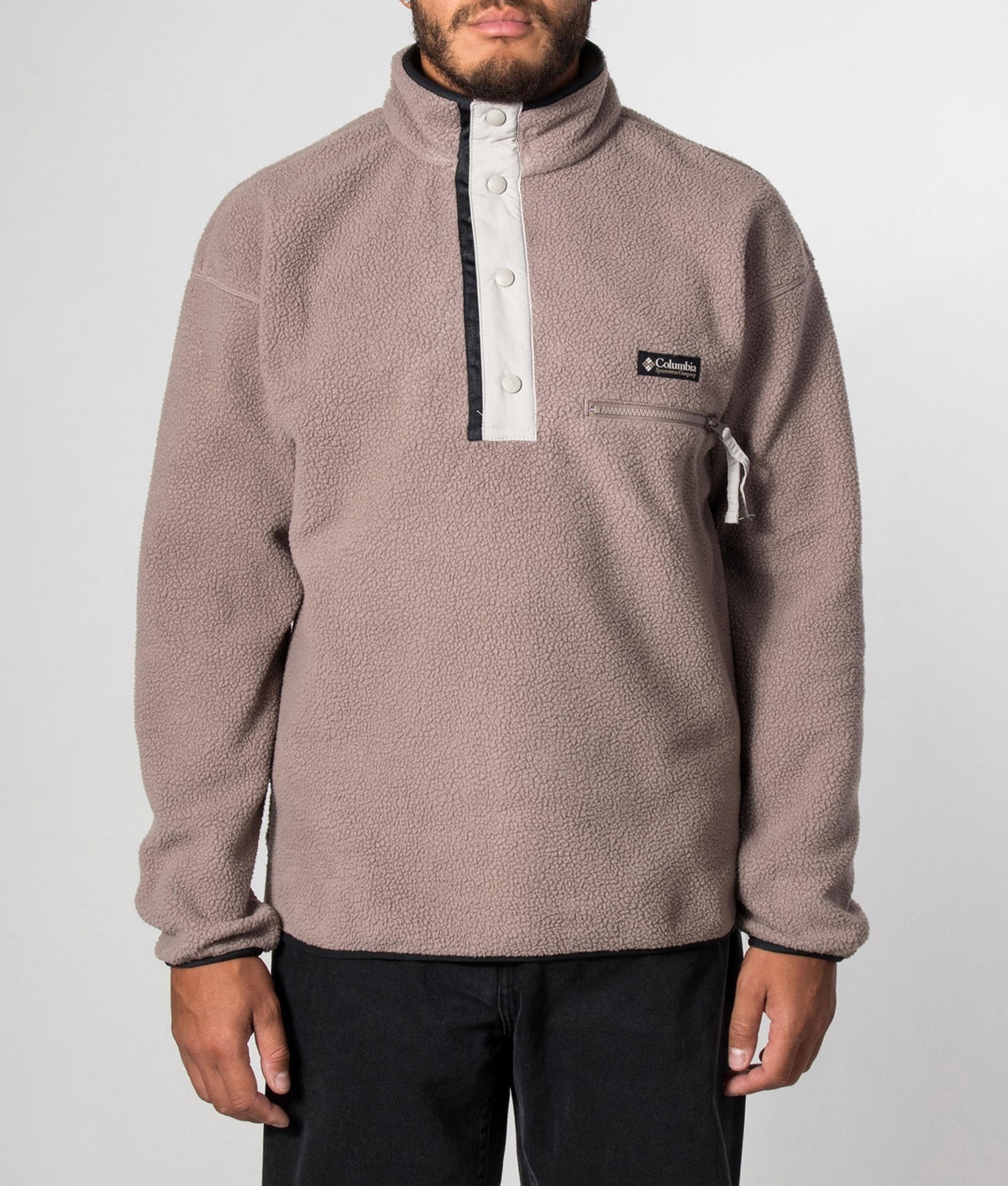Columbia Regular Fit Helvetia II Half Snap Fleece in Iron at EQVVS Menswear. Model front shot.