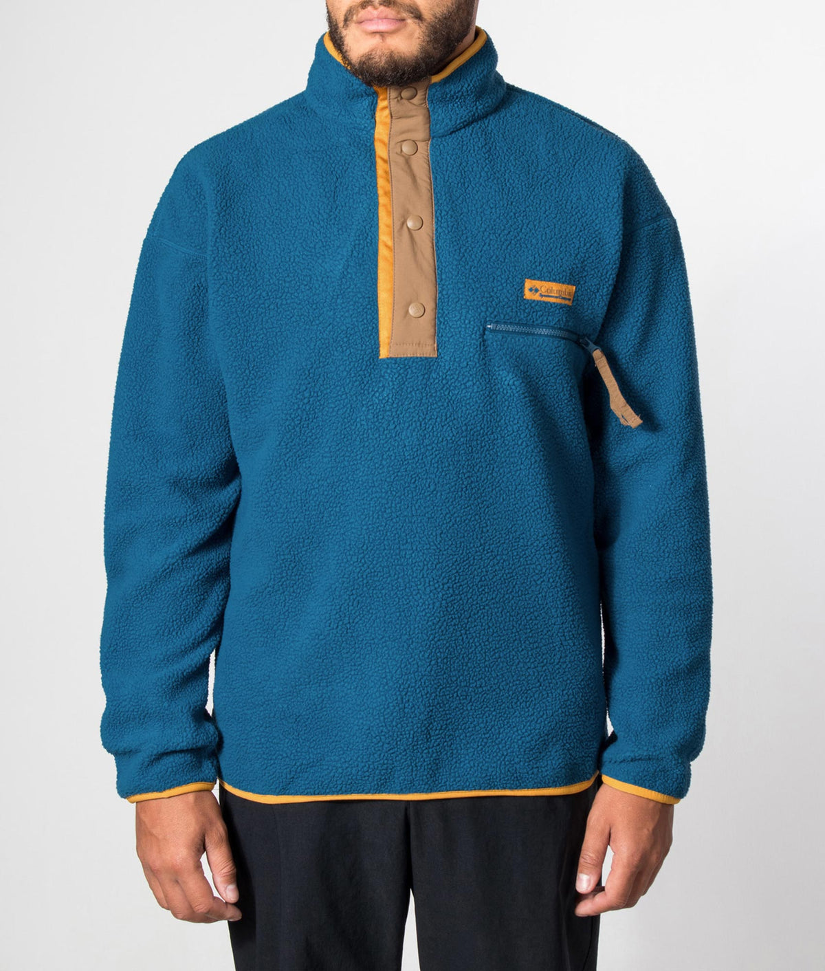Columbia Regular Fit Helvetia II Half Snap Fleece in Phoenix Blue at EQVVS Menswear. Model front shot.