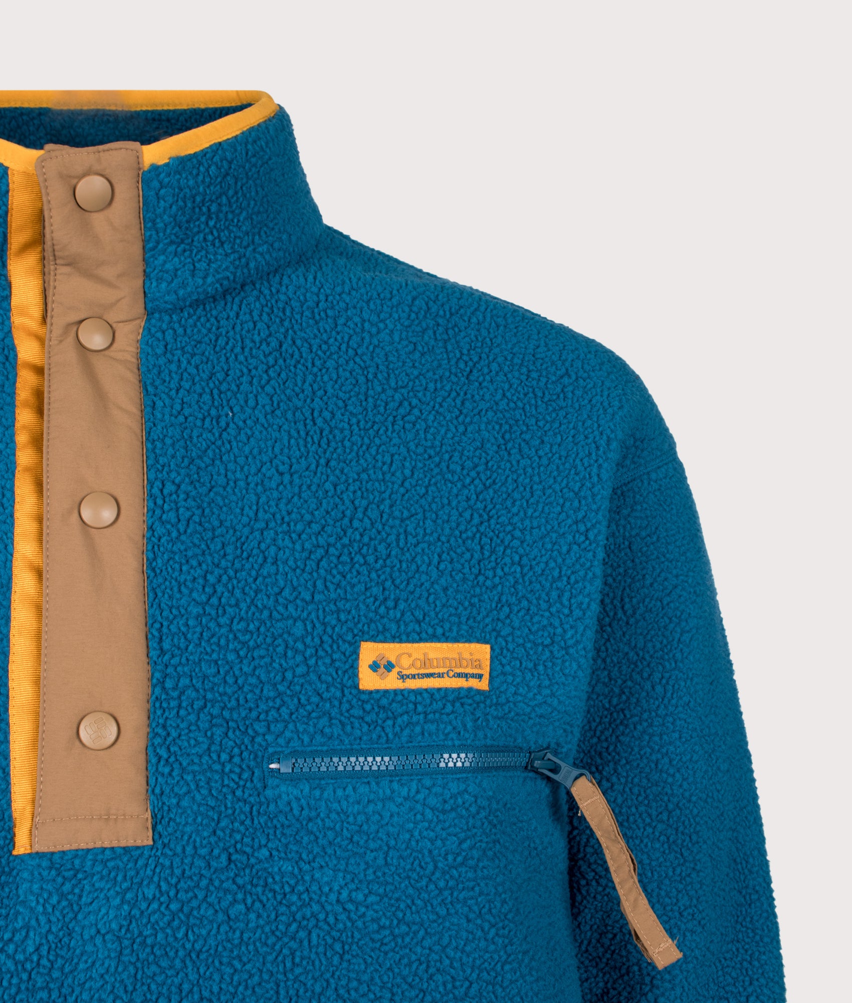 Columbia Regular Fit Helvetia II Half Snap Fleece in Phoenix Blue at EQVVS Menswear. Detail shot.