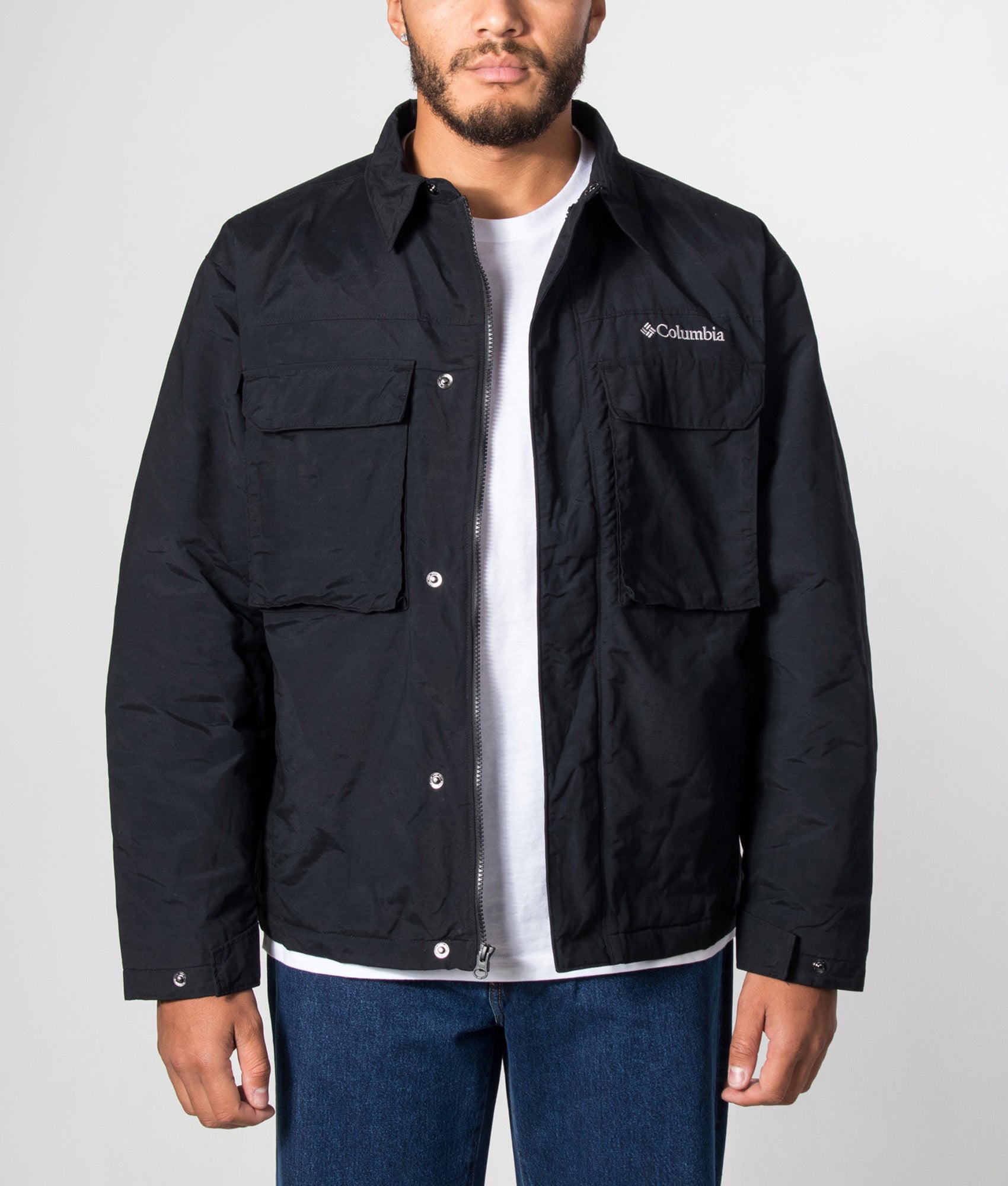 Columbia Timberline Tough Jacket in Black at EQVVS Menswear. Model front shot.