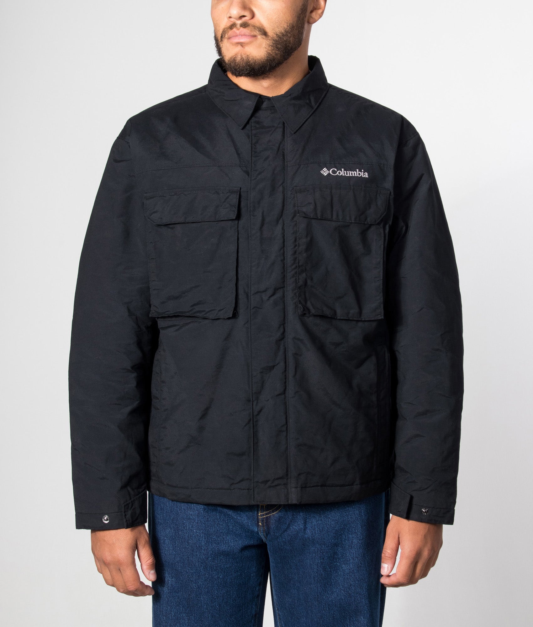 Columbia Timberline Tough Jacket in Black at EQVVS Menswear. Model front shot.