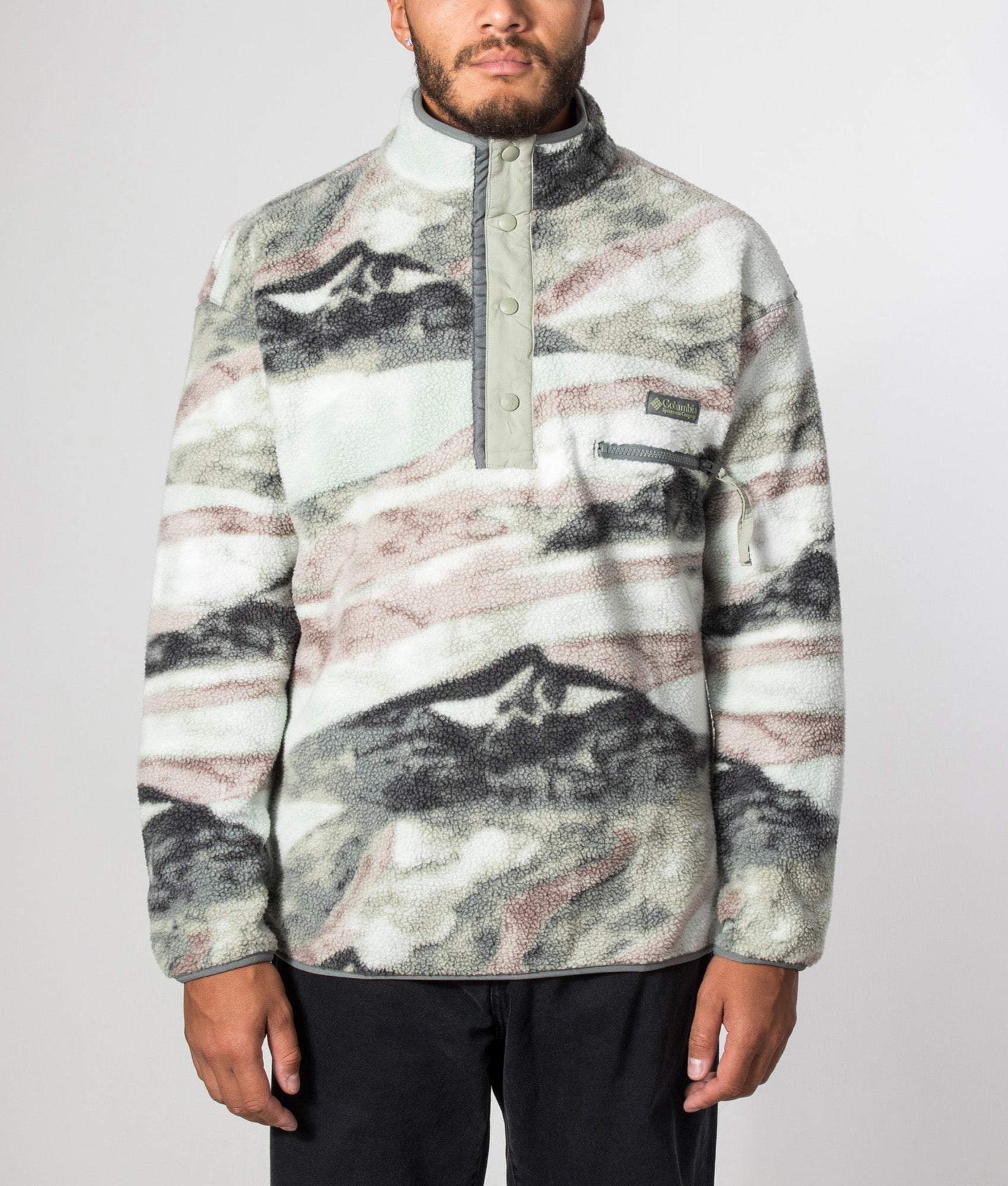 Columbia Regular Fit Helvetia II Printed Half Snap Fleece in Sedona Sage Summits at EQVVS Menswear. Headless model front shot