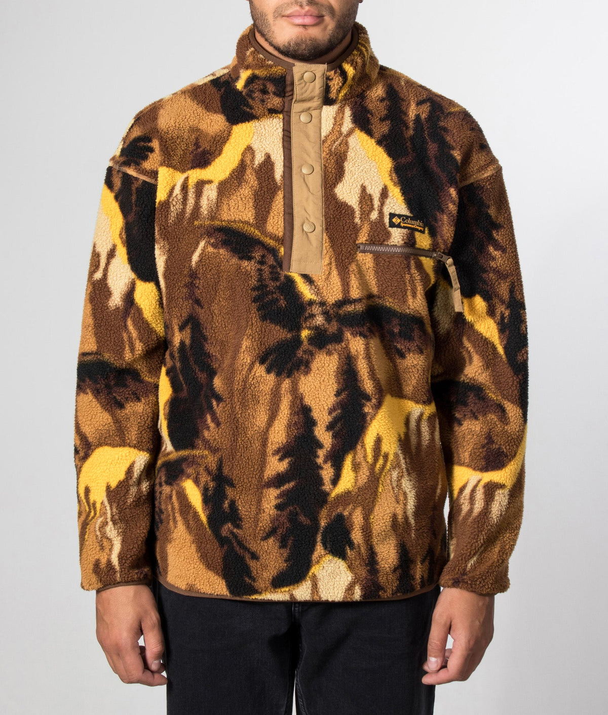 Columbia Regular Fit Helvetia II Printed Half Snap Fleece in Delta Soarin at EQVVS Menswear. Model front shot.