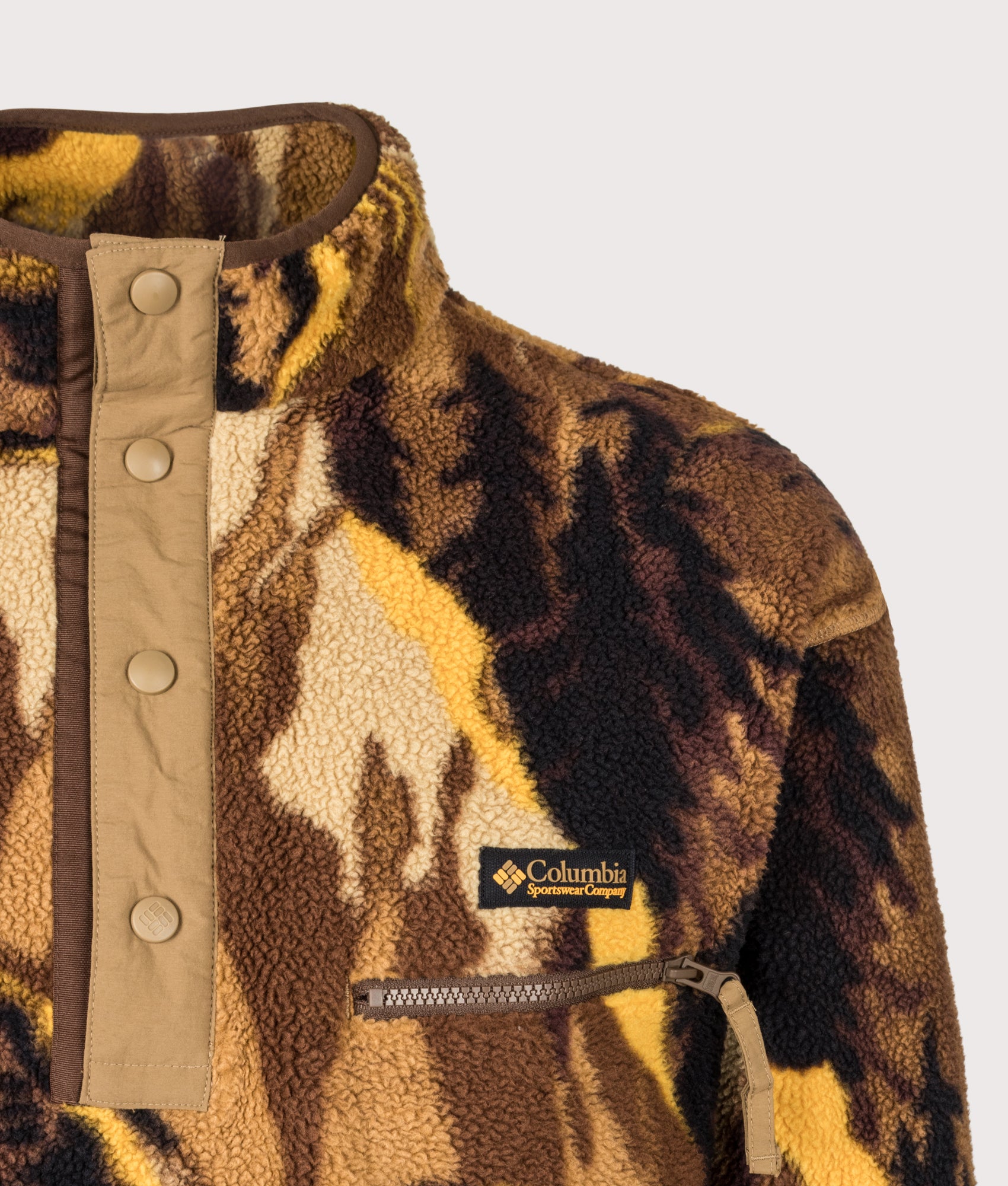 Columbia Regular Fit Helvetia II Printed Half Snap Fleece in Delta Soarin at EQVVS Menswear. Detail shot.