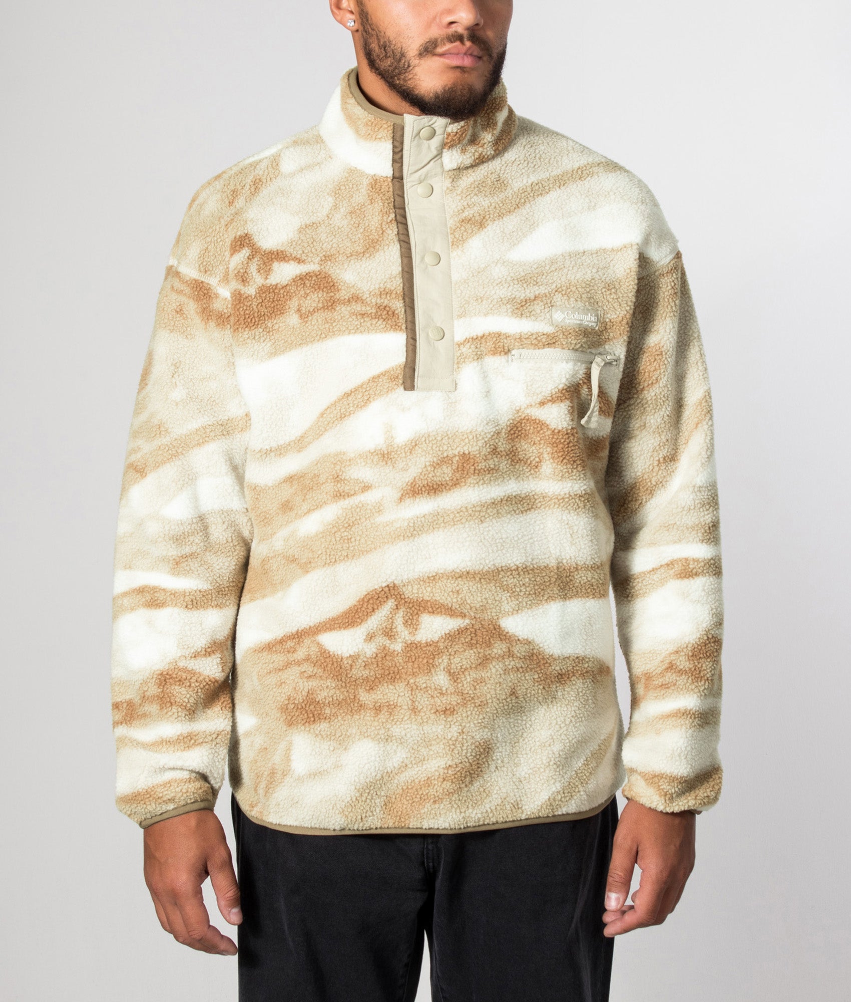 Columbia Regular Fit Helvetia II Printed Half Snap Fleece in Sea Salt Summits at EQVVS Menswear. Model front shot.