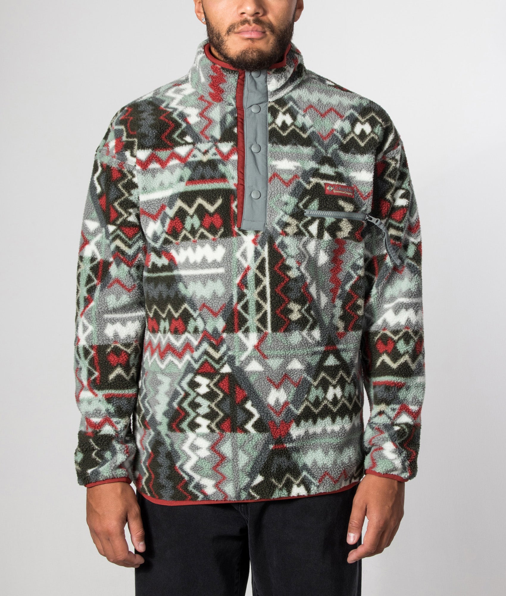 Columbia Helvetia II Printed Half Snap Fleece in Sedona Sage Geomix at EQVVS Menswear. Model front shot.