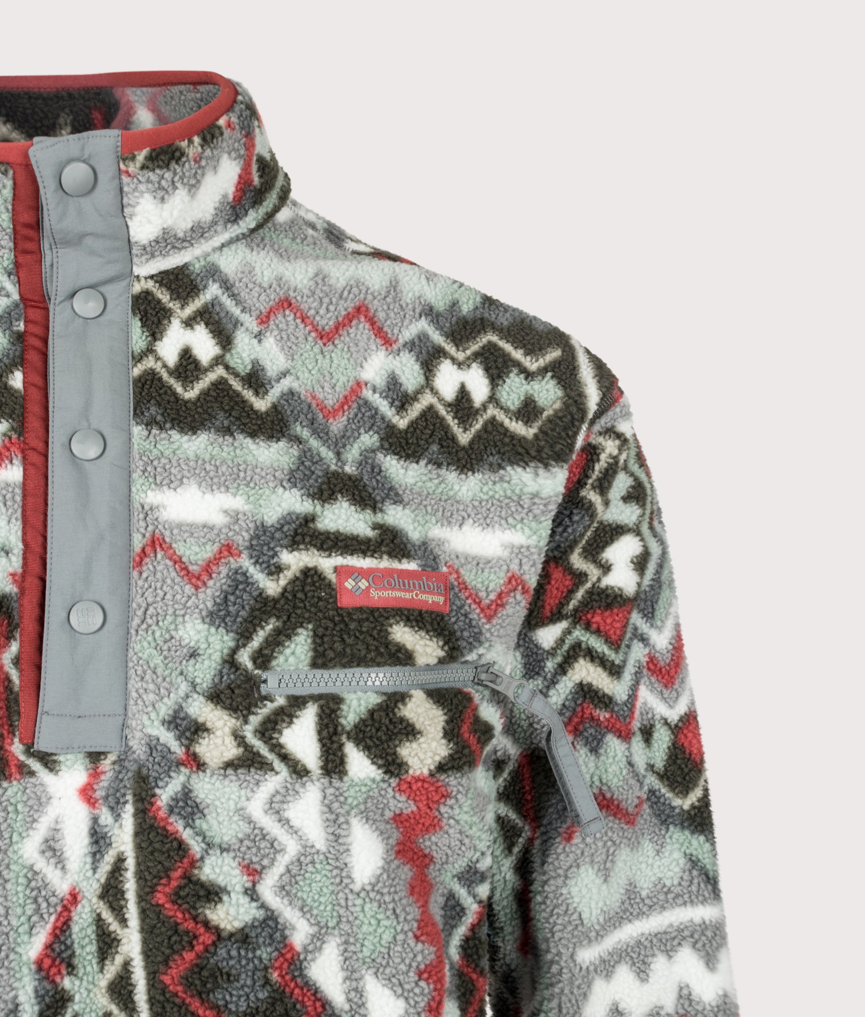 Columbia Helvetia II Printed Half Snap Fleece in Sedona Sage Geomix at EQVVS Menswear. Detail shot.