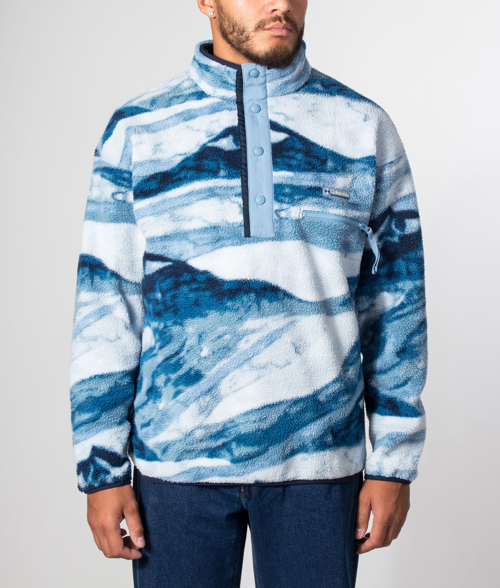 Columbia Regular Fit Helvetia II Printed Half Snap Fleece in Rainy Day Summits at EQVVS Menswear. Headless Model Front Shot