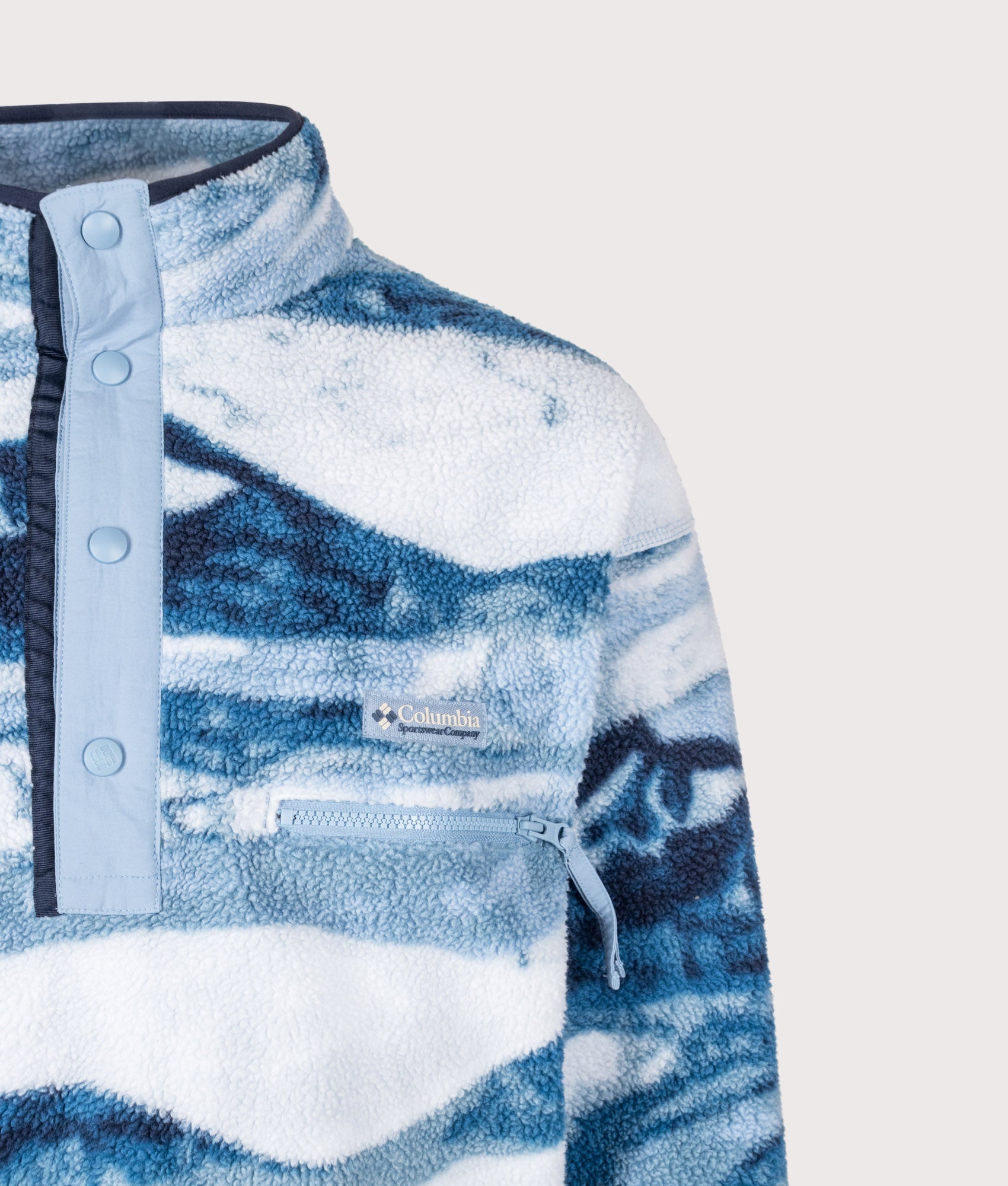 Columbia Regular Fit Helvetia II Printed Half Snap Fleece in Rainy Day Summits at EQVVS Menswear. Detail Shot