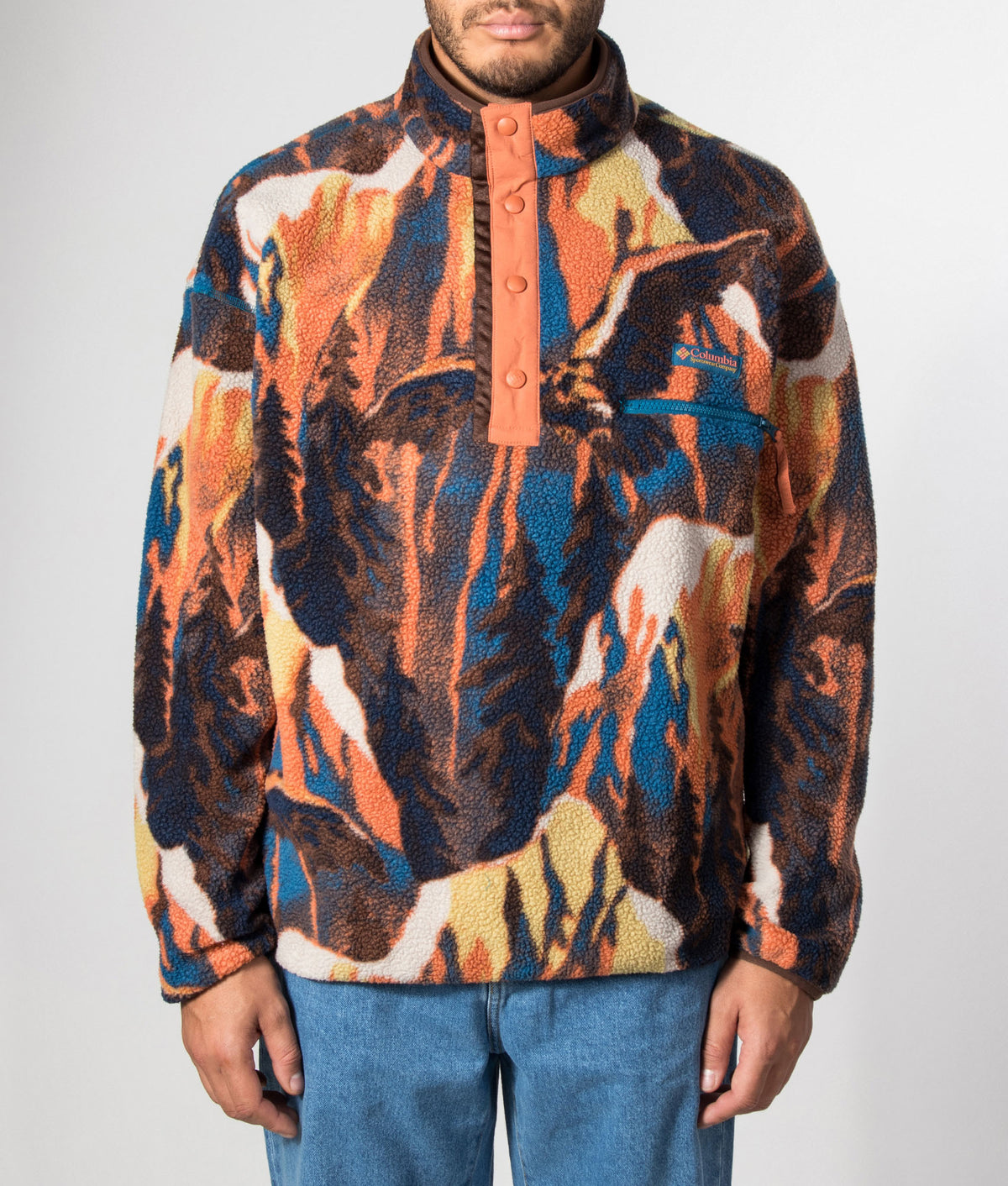 Columbia Regular Fit Helvetia II Printed Half Snap Fleece in Teak Brown Soarin at EQVVS Menswear. Model front shot.