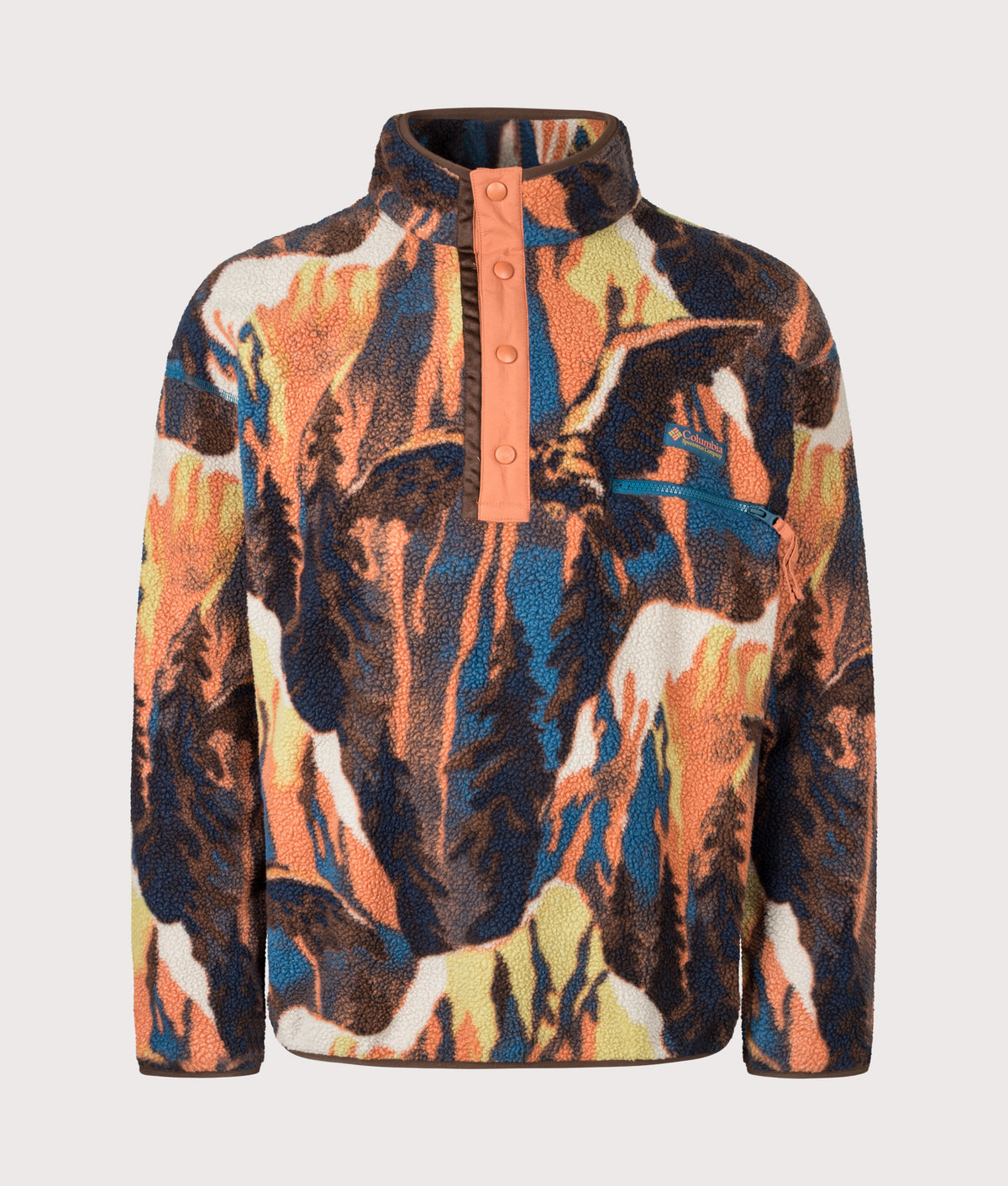 Columbia Regular Fit Helvetia II Printed Half Snap Fleece in Teak Brown Soarin at EQVVS Menswear. Front shot.