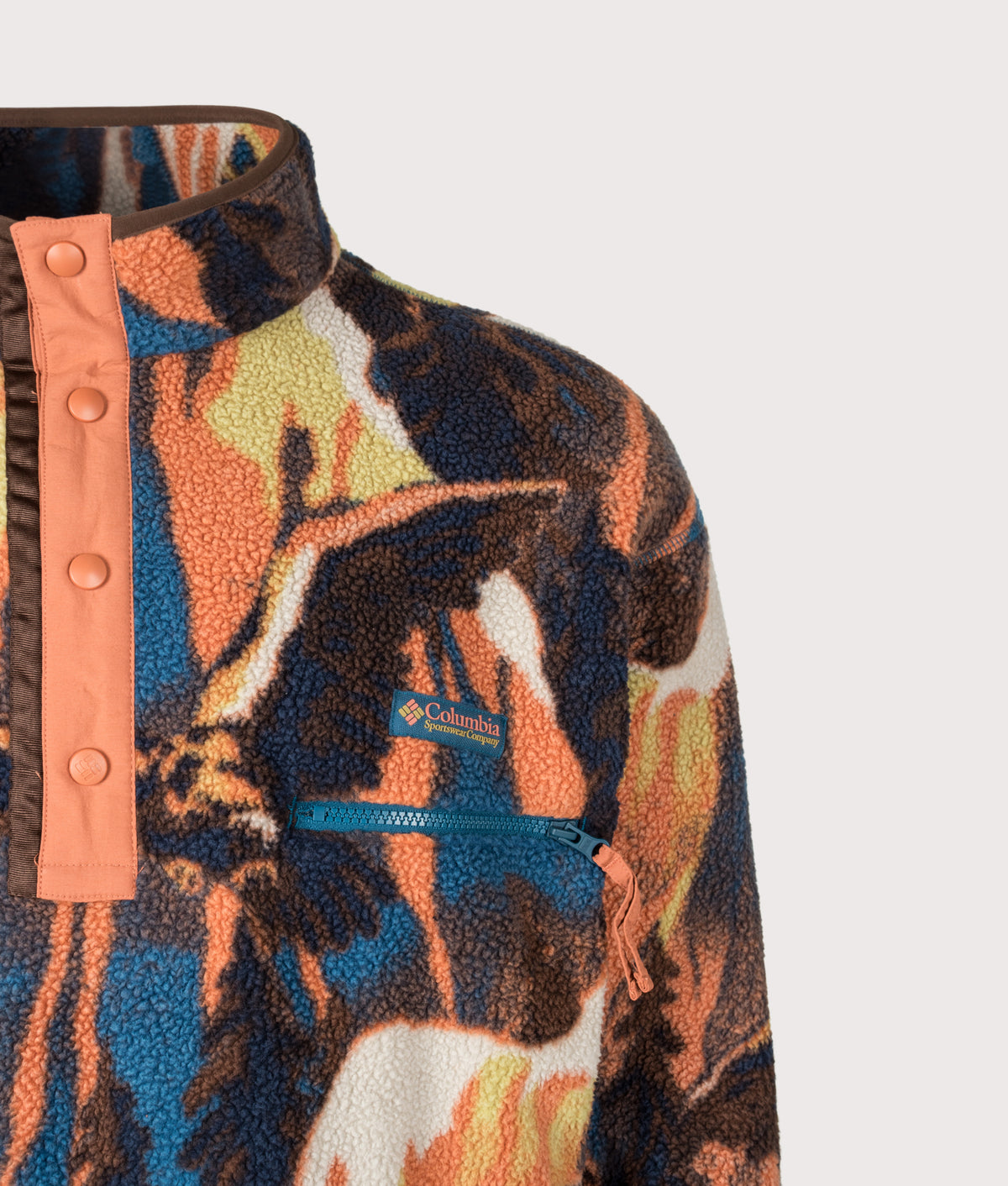 Columbia Regular Fit Helvetia II Printed Half Snap Fleece in Teak Brown Soarin at EQVVS Menswear. Detail shot.
