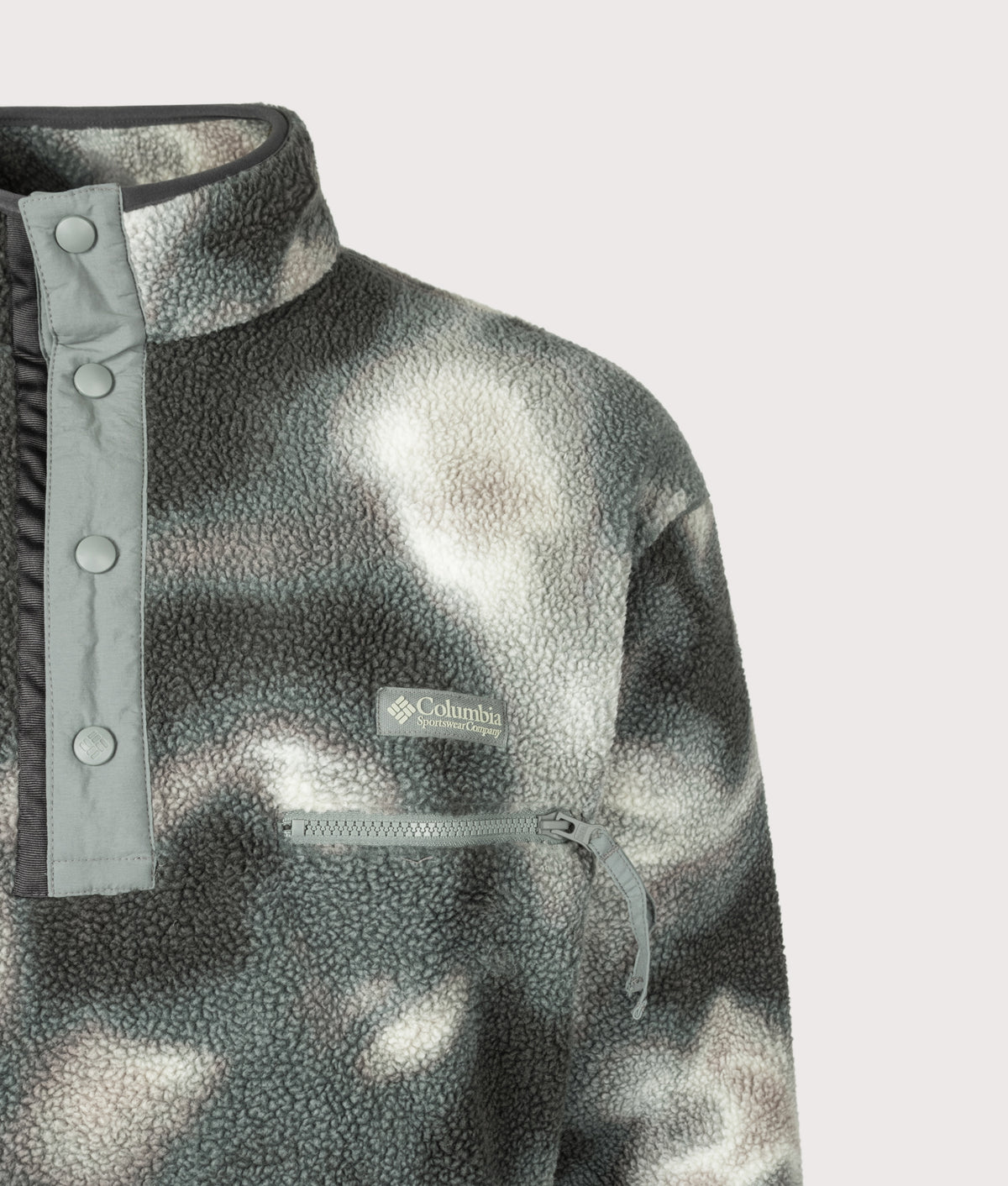 Columbia Regular Fit Helvetia II Printed Half Snap Fleece in Sedona Sage Dyeflow at EQVVS Menswear. Detail shot.