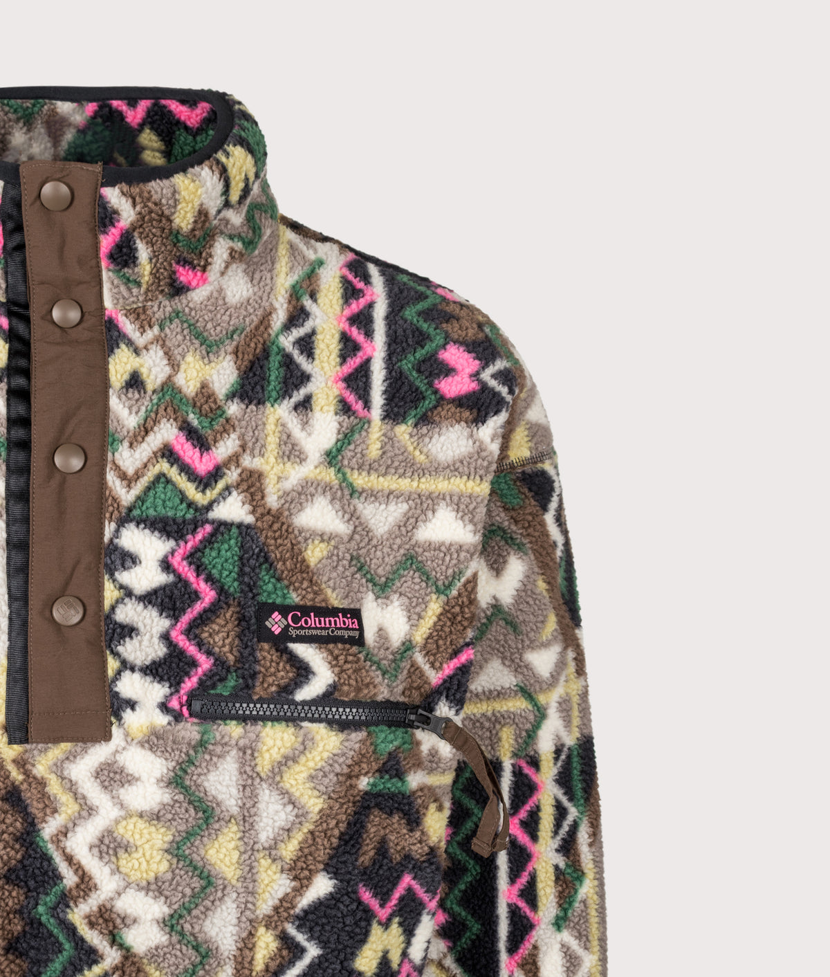 Columbia Regular Fit Helvetia II Printed Half Snap Fleece in Black Geomix at EQVVS Menswear. Detail shot.