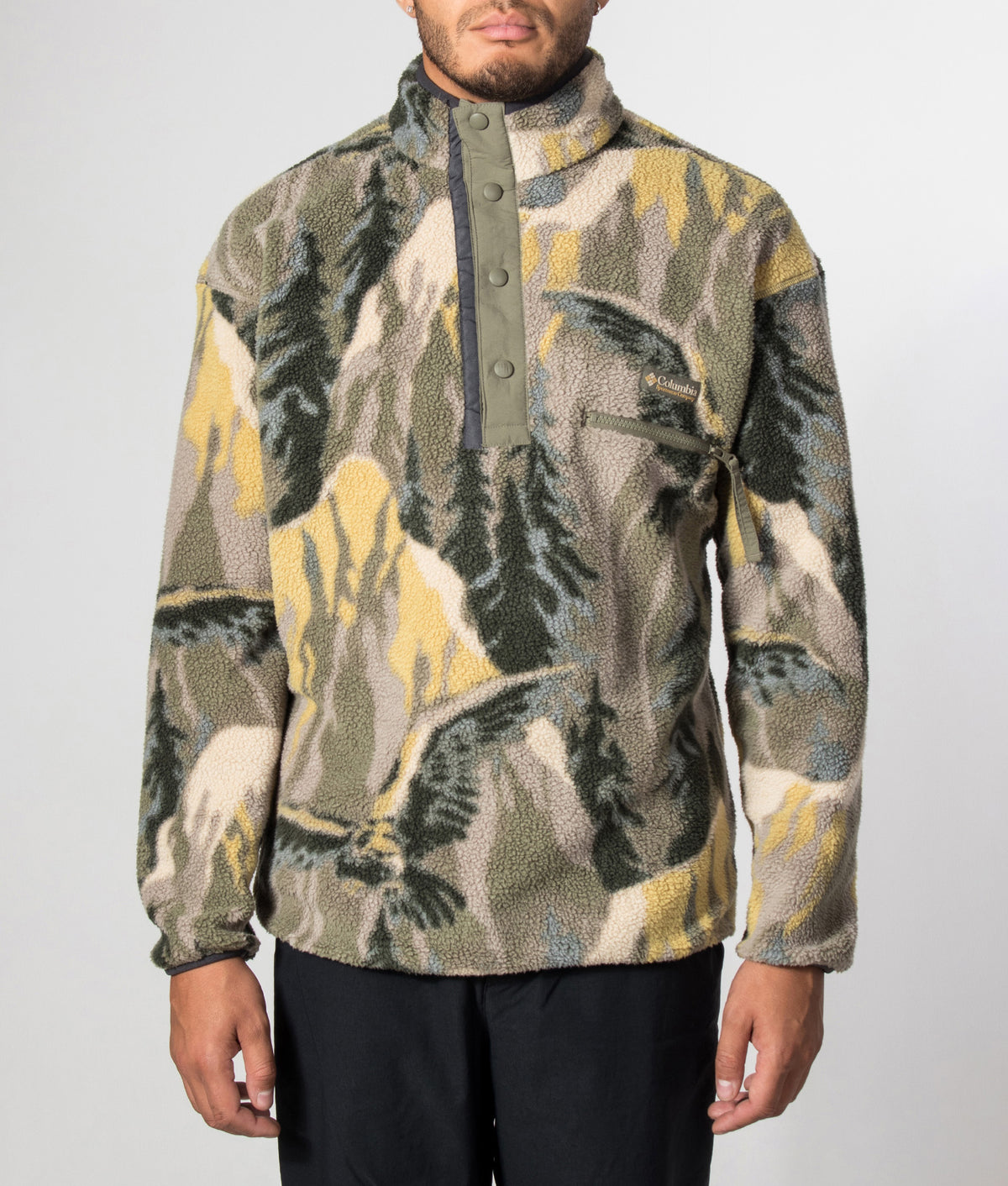Columbia Regular Fit Helvetia II Printed Half Snap Fleece in Stone Green Soarin at EQVVS Menswear. Model front shot.