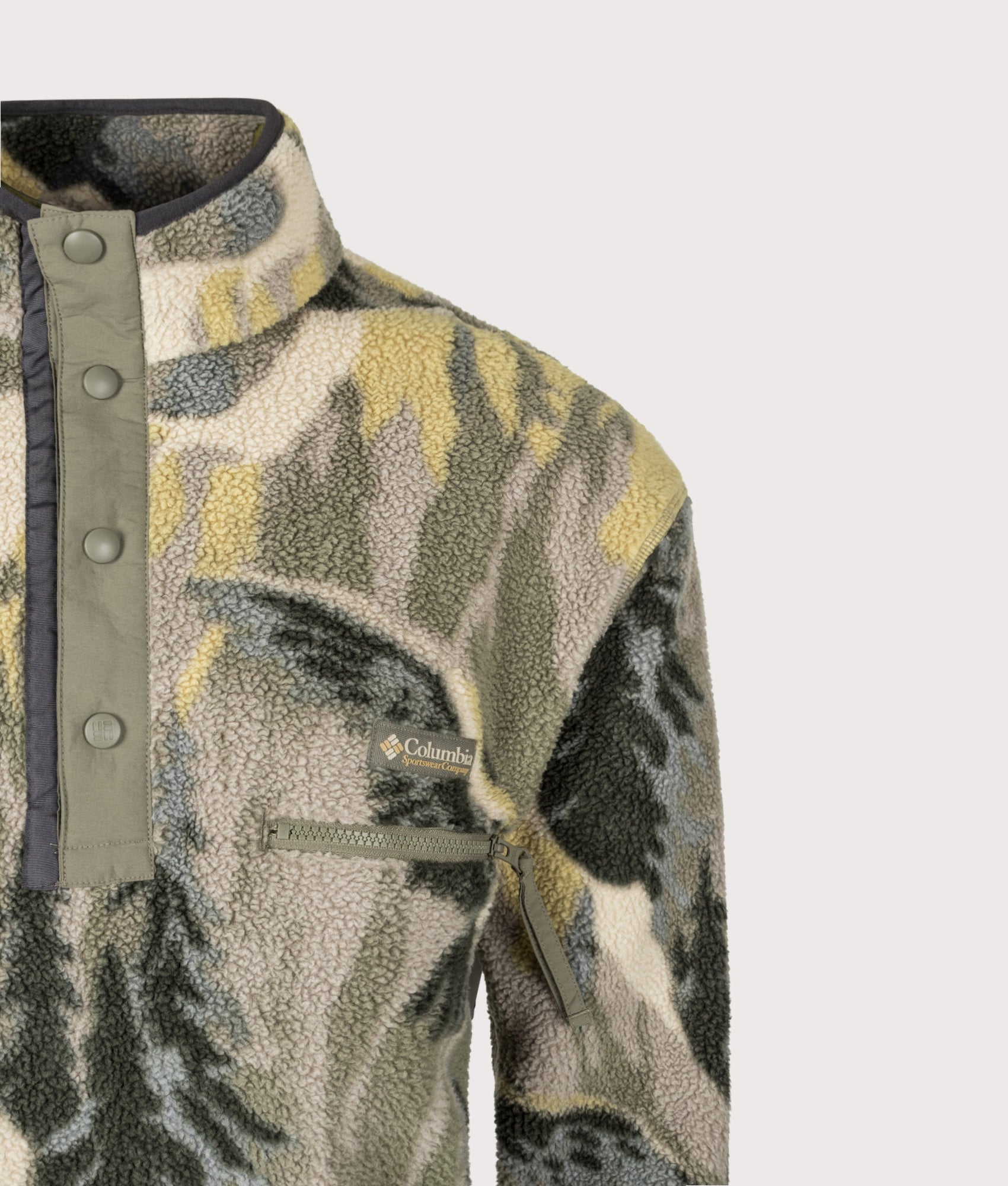 Columbia Regular Fit Helvetia II Printed Half Snap Fleece in Stone Green Soarin at EQVVS Menswear. Detail shot