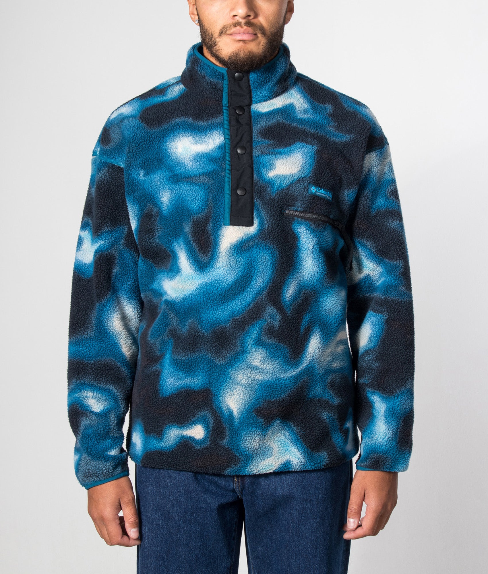 Columbia Regular Fit Helvetia II Printed Half Snap Fleece in Phoenix Blue Dyeflow at EQVVS Menswear. Model front shot.