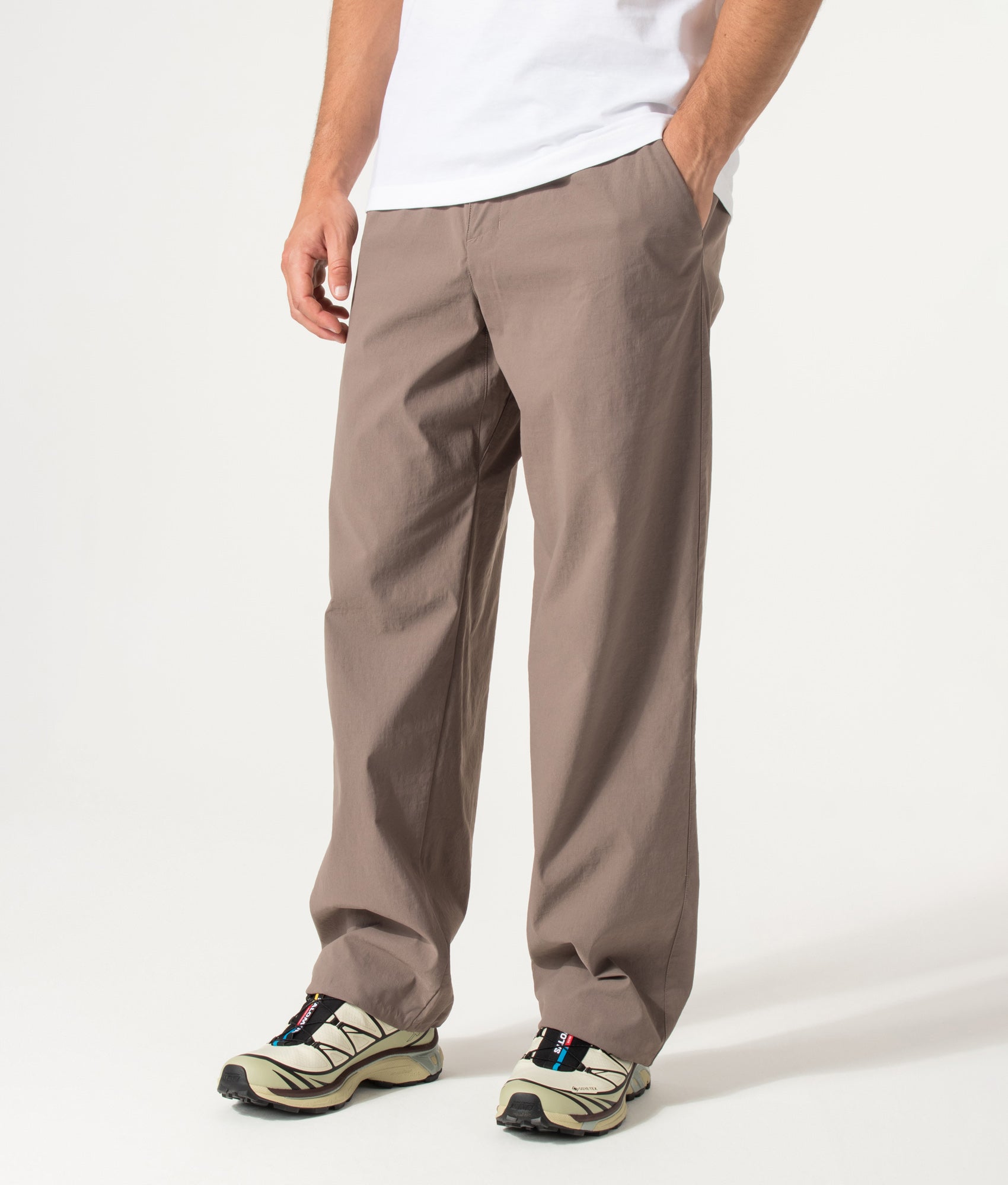 Columbia Relaxed Fit Grave Creek™ Tech Chinos in Iron at EQVVS Menswear. Angled model front shot.