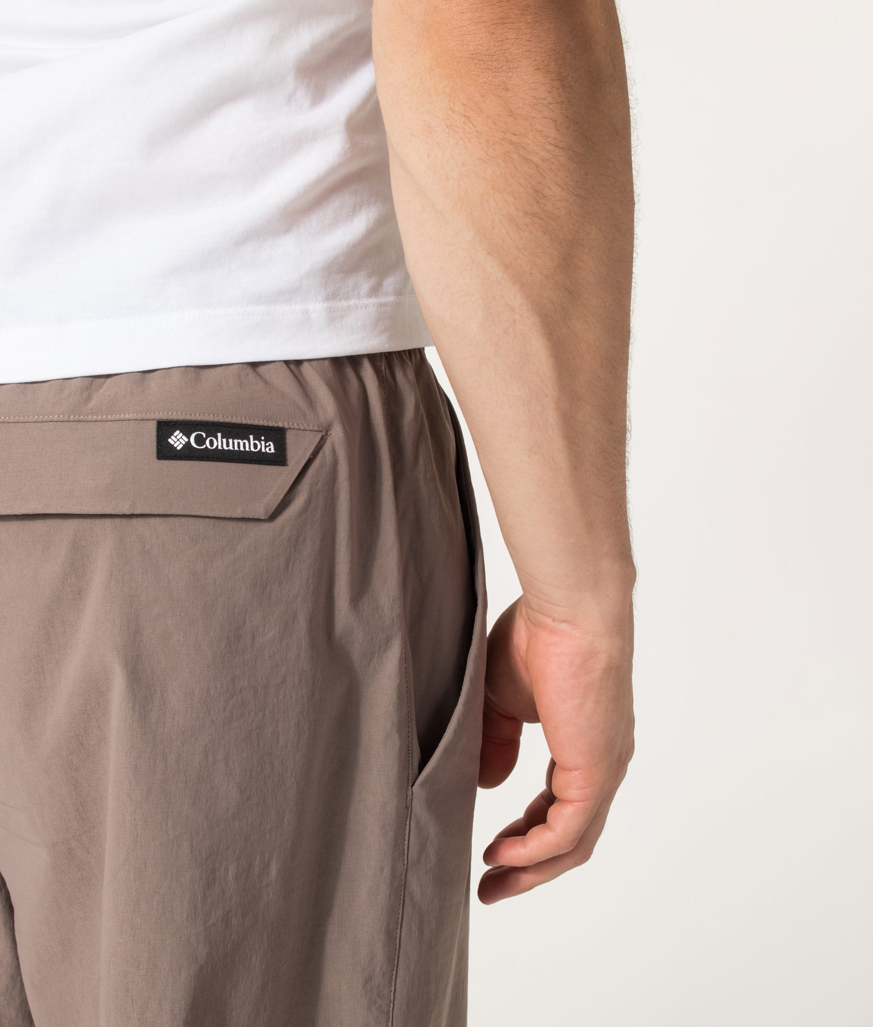 Columbia Relaxed Fit Grave Creek™ Tech Chinos in Iron at EQVVS Menswear. Detail shot.