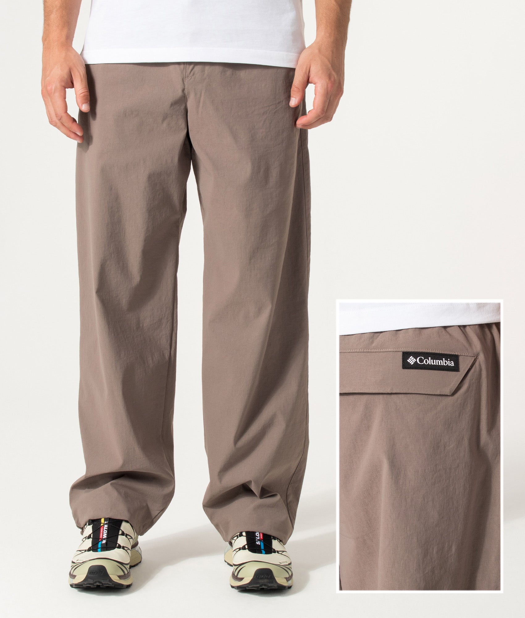 Columbia Relaxed Fit Grave Creek™ Tech Chinos in Iron at EQVVS Menswear. Model front shot and back detail shot.