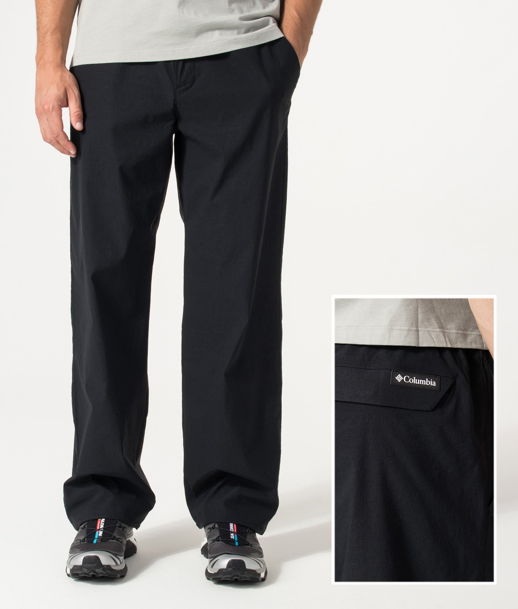 Columbia Relaxed Fit Grave Creek™ Tech Chinos in Black at EQVVS Menswear. Model front shot and detail shot.