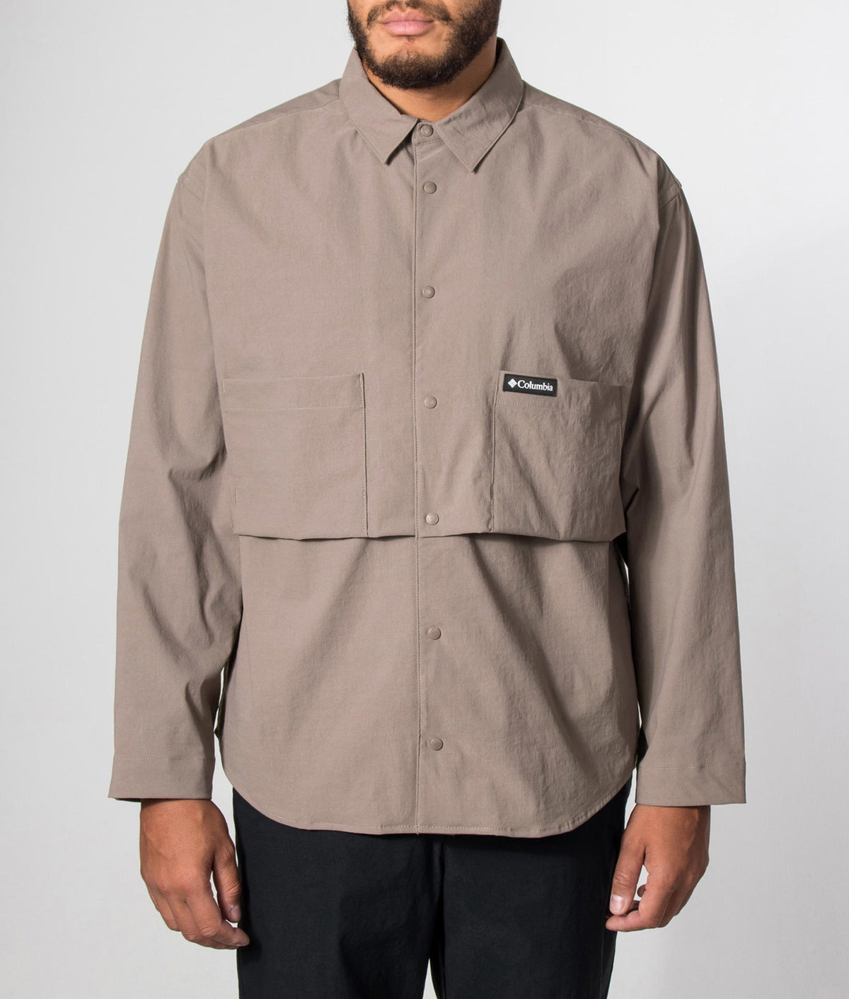 Columbia Regular Fit Grave Creek Shirt in Iron at EQVVS Menswear. Model front shot.