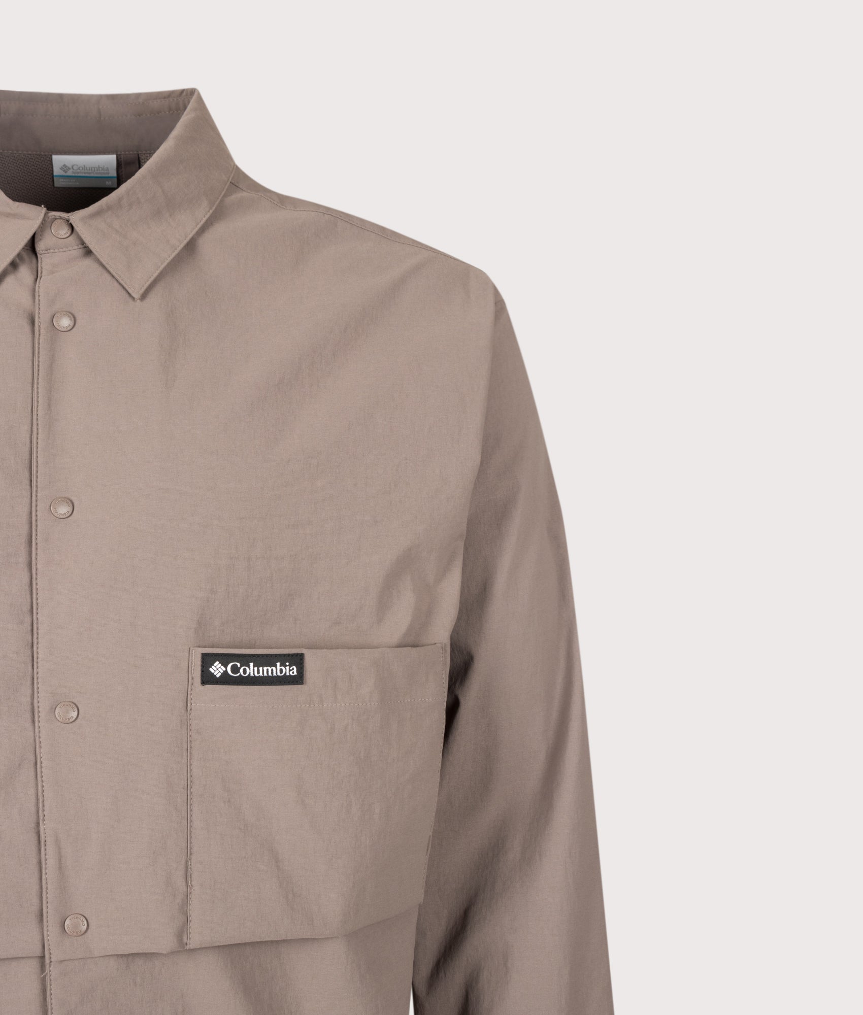 Columbia Regular Fit Grave Creek Shirt in Iron at EQVVS Menswear. Detail shot.