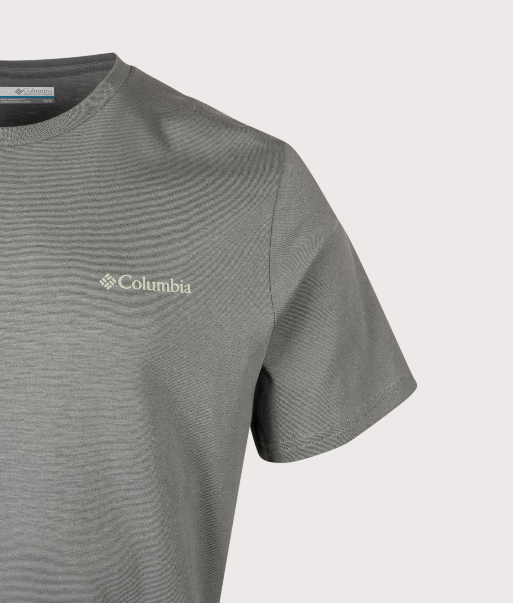 Columbia Regular Fit CSC Logo Back T-Shirt in Sedona Sage/Wavy Branded Peaks at EQVVS Menswear. Detail shot.