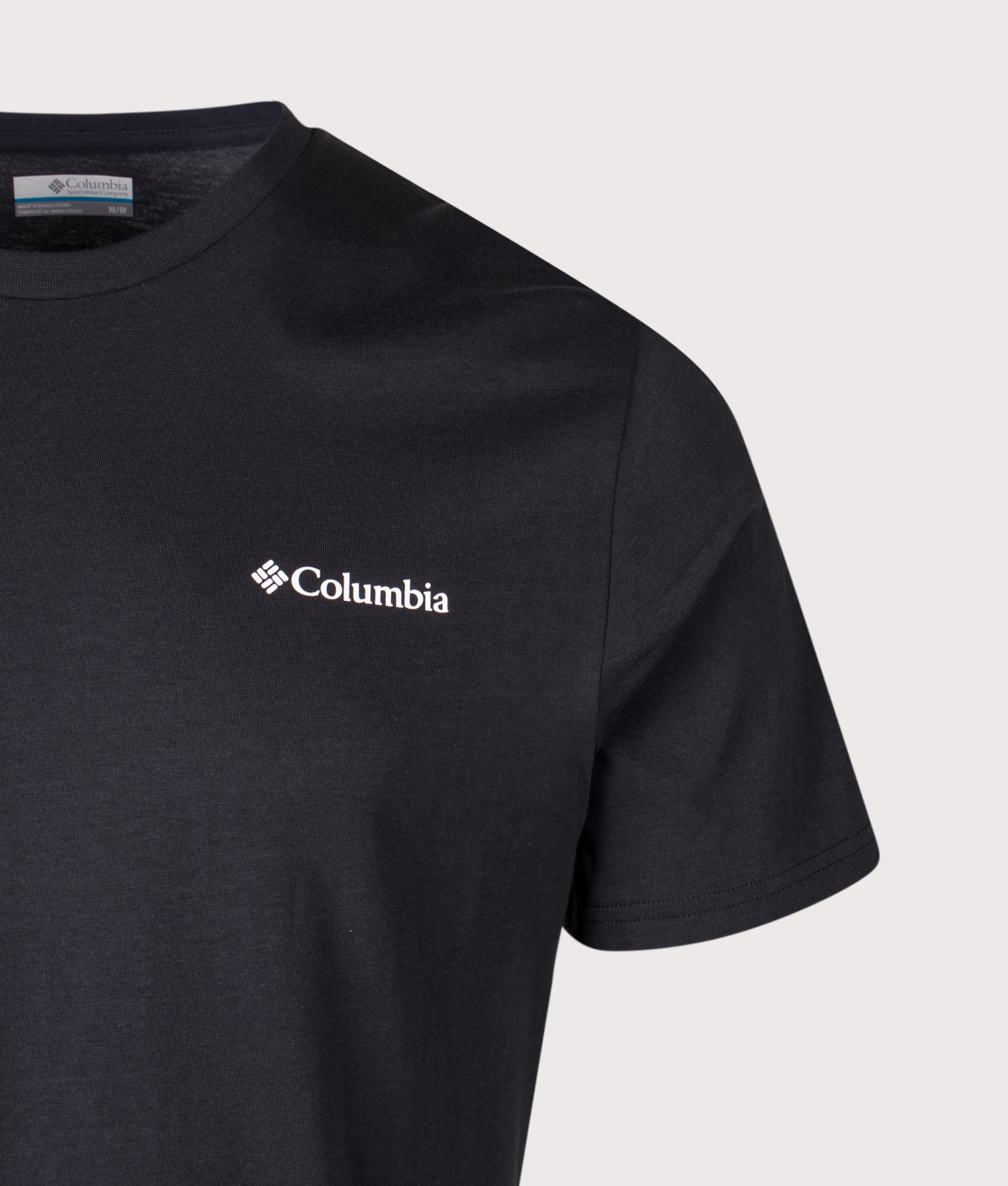 Columbia Regular Fit CSC Logo Back T-Shirt in Black/Wavy Branded Peaks at EQVVS Menswear. Detail shot.