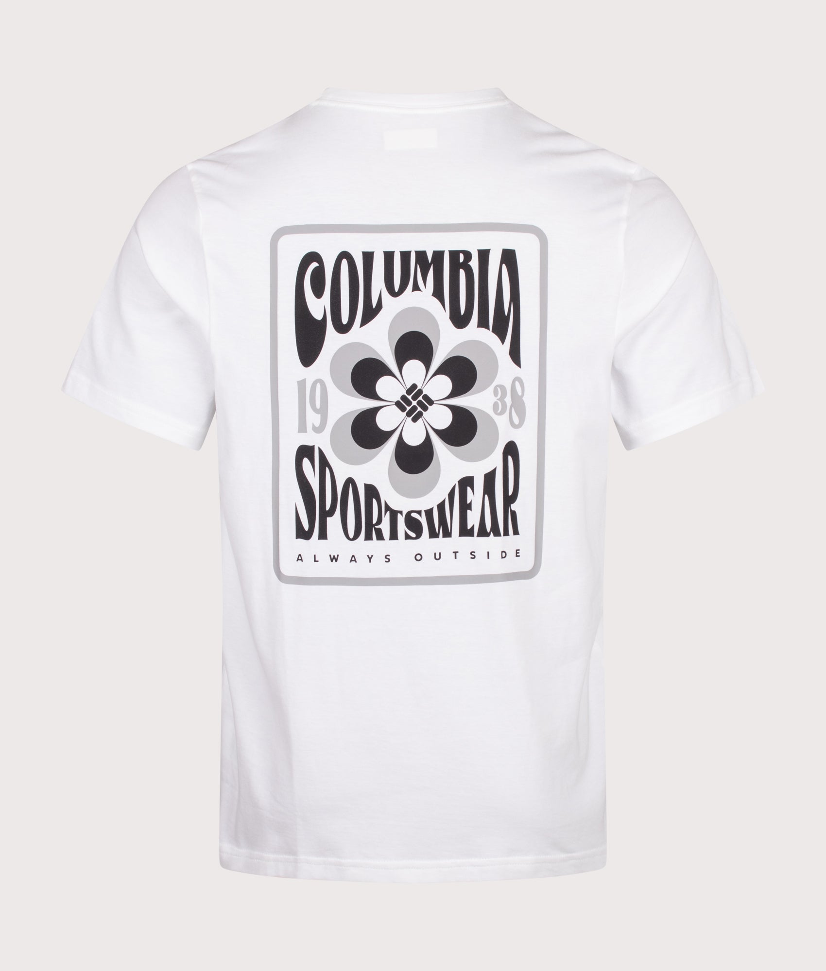 Columbia Regular Fit CSC Outdoor Back Graphic T-Shirt in White/Flower Power Badge at EQVVS Menswear. Back shot.
