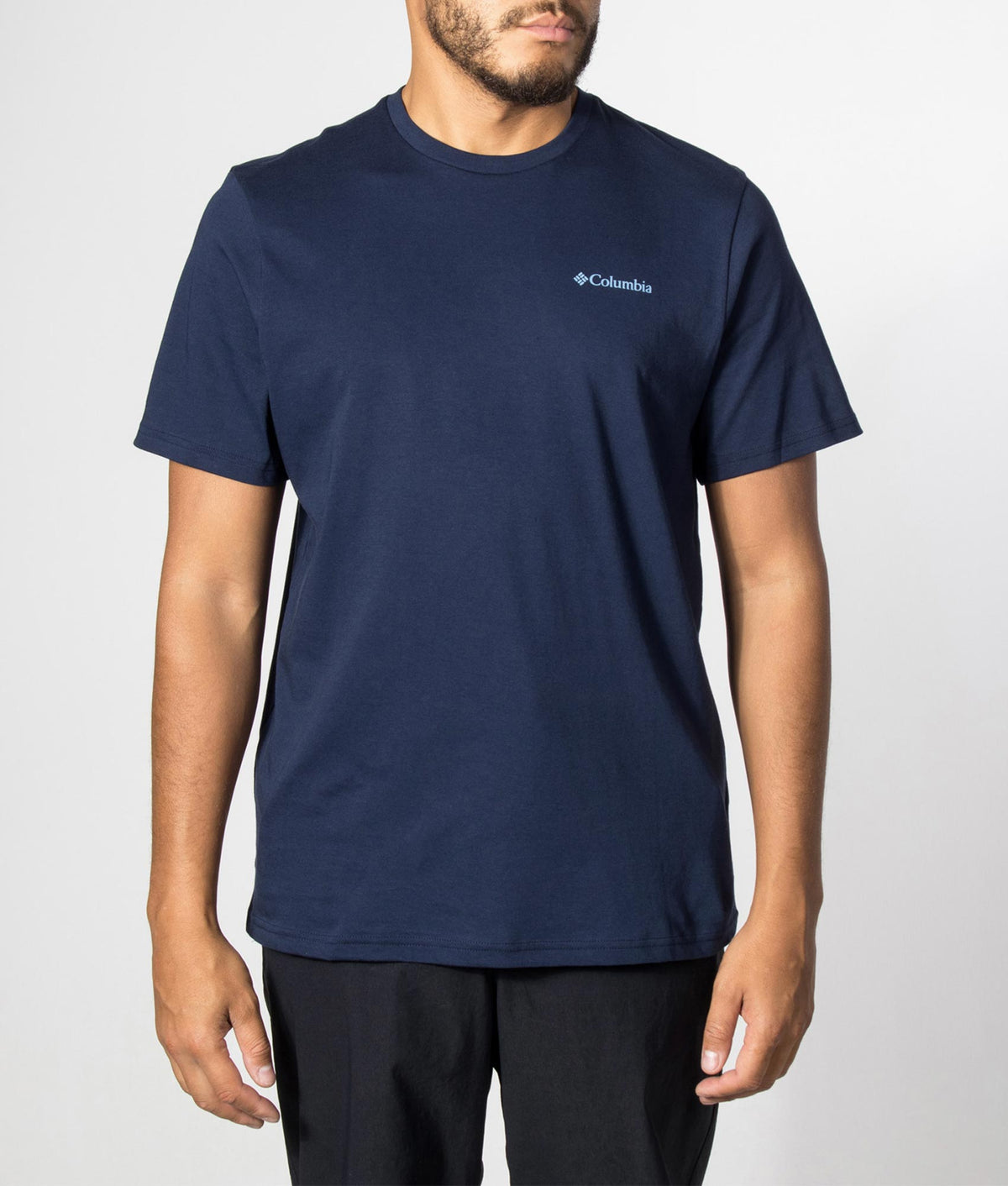 Columbia Regular Fit CSC Outdoor Back Graphic T-Shirt in Collegiate Navy at EQVVS Menswear. Model front shot.