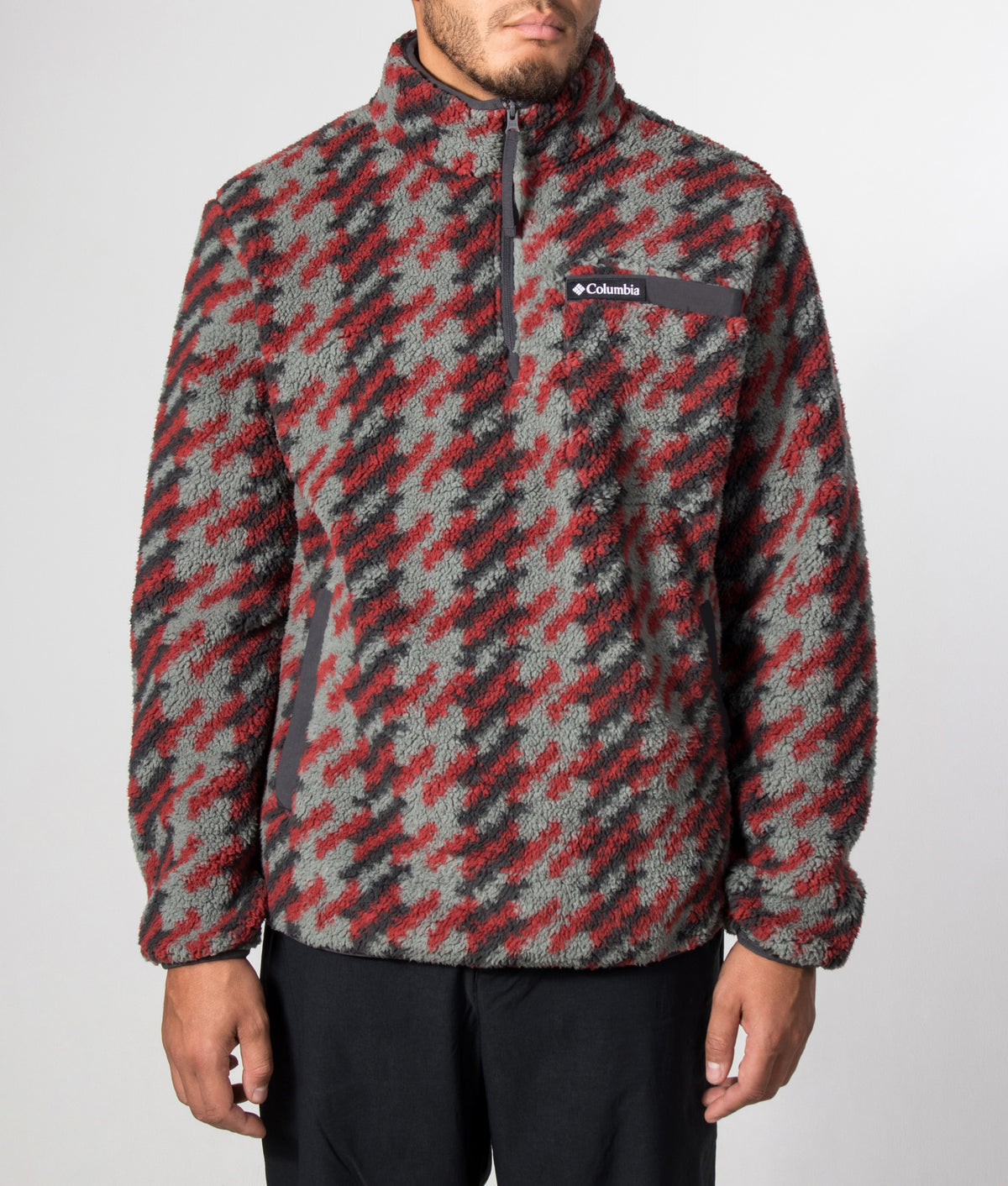 Columbia Regular Fit Rugged Ridge™ High Pile Quarter Zip Fleece in Sedona Sage Twills at EQVVS Menswear. Model front shot.