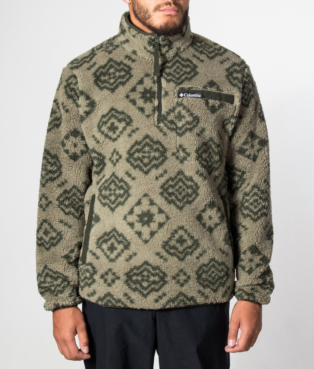 Columbia Regular Fit Rugged Ridge™ High Pile Quarter Zip Fleece in Stone Green Checked Out and Greenscape at EQVVS Menswear. Model front shot.