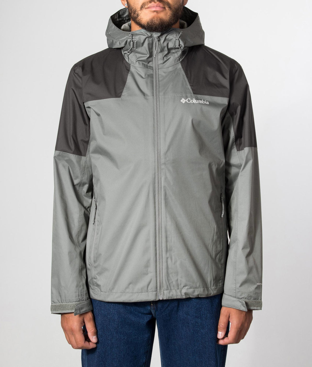 Columbia Regular Fit Inner Limits III Jacket in Sedona Sage and Shark at EQVVS Menswear. Model front shot.