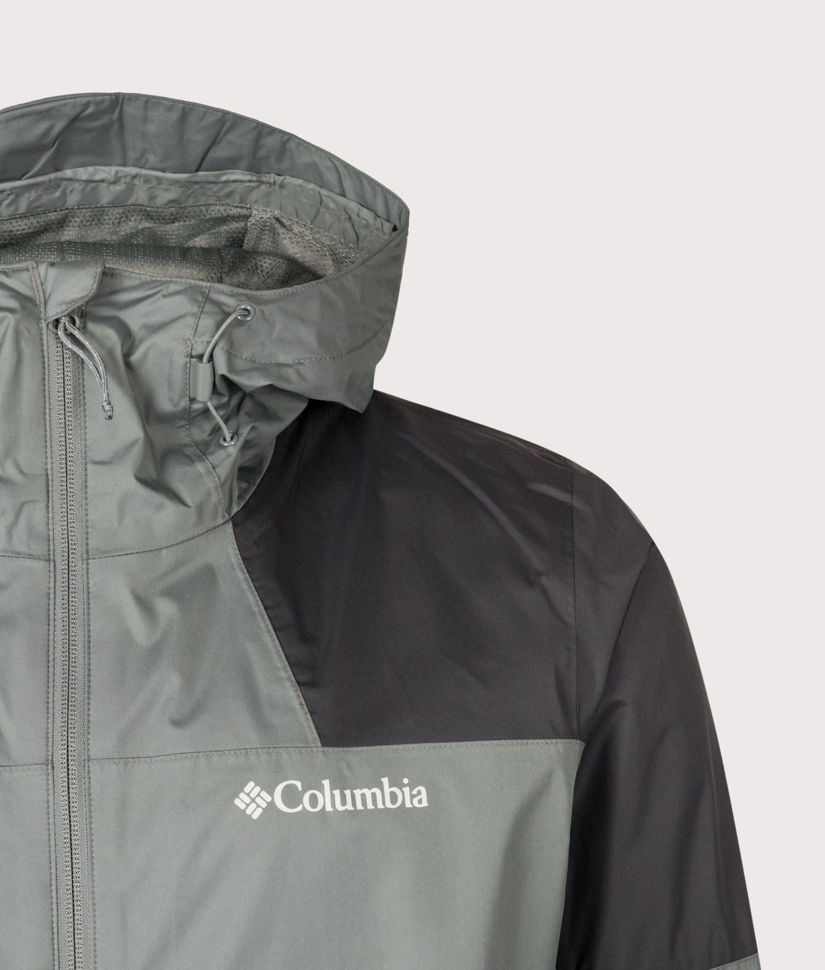 Columbia Regular Fit Inner Limits III Jacket in Sedona Sage and Shark at EQVVS Menswear. Detail shot.