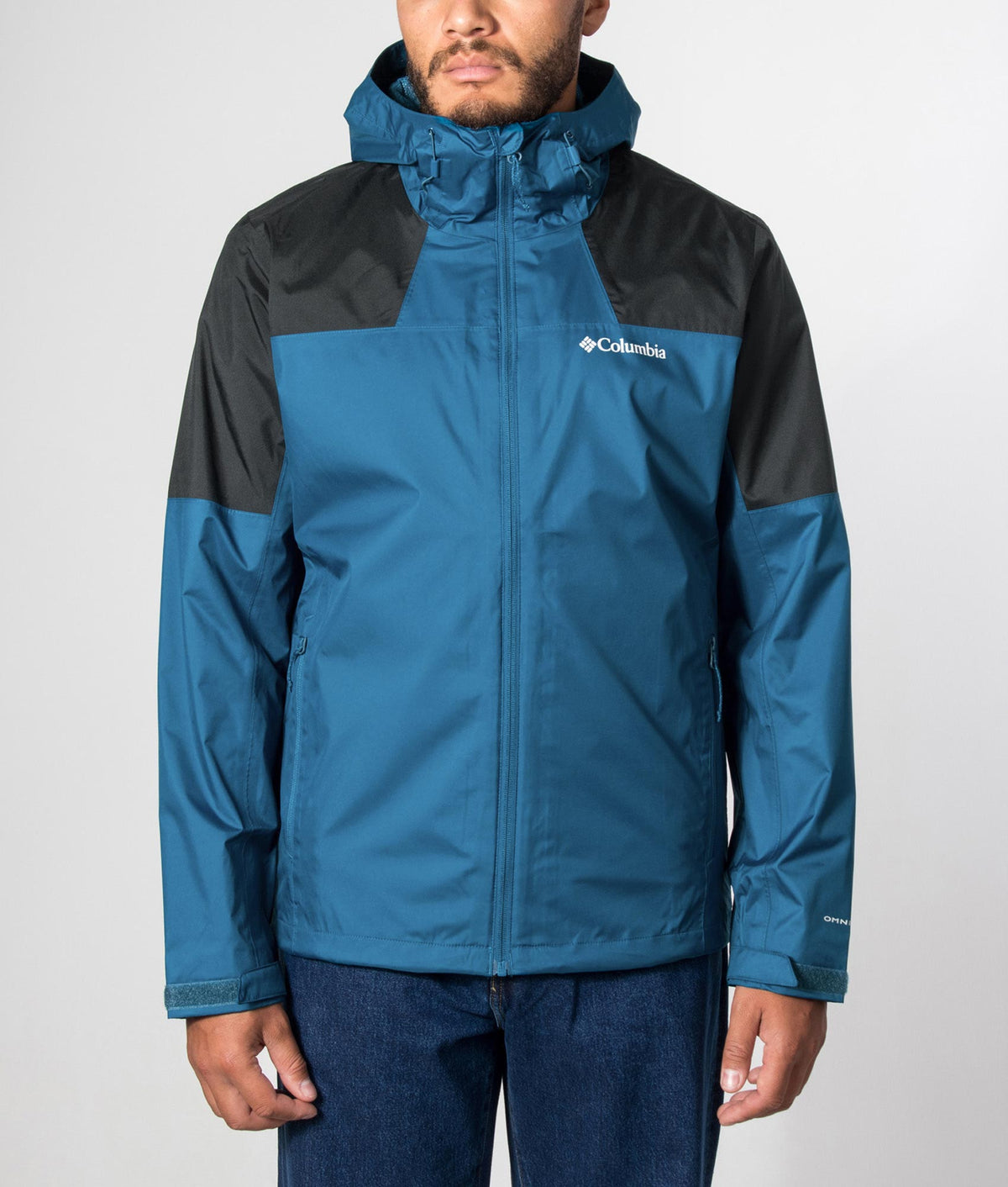 Columbia Regular Fit Inner Limits III Jacket in Phoenix Blue and Black at EQVVS Menswear. Model front shot.