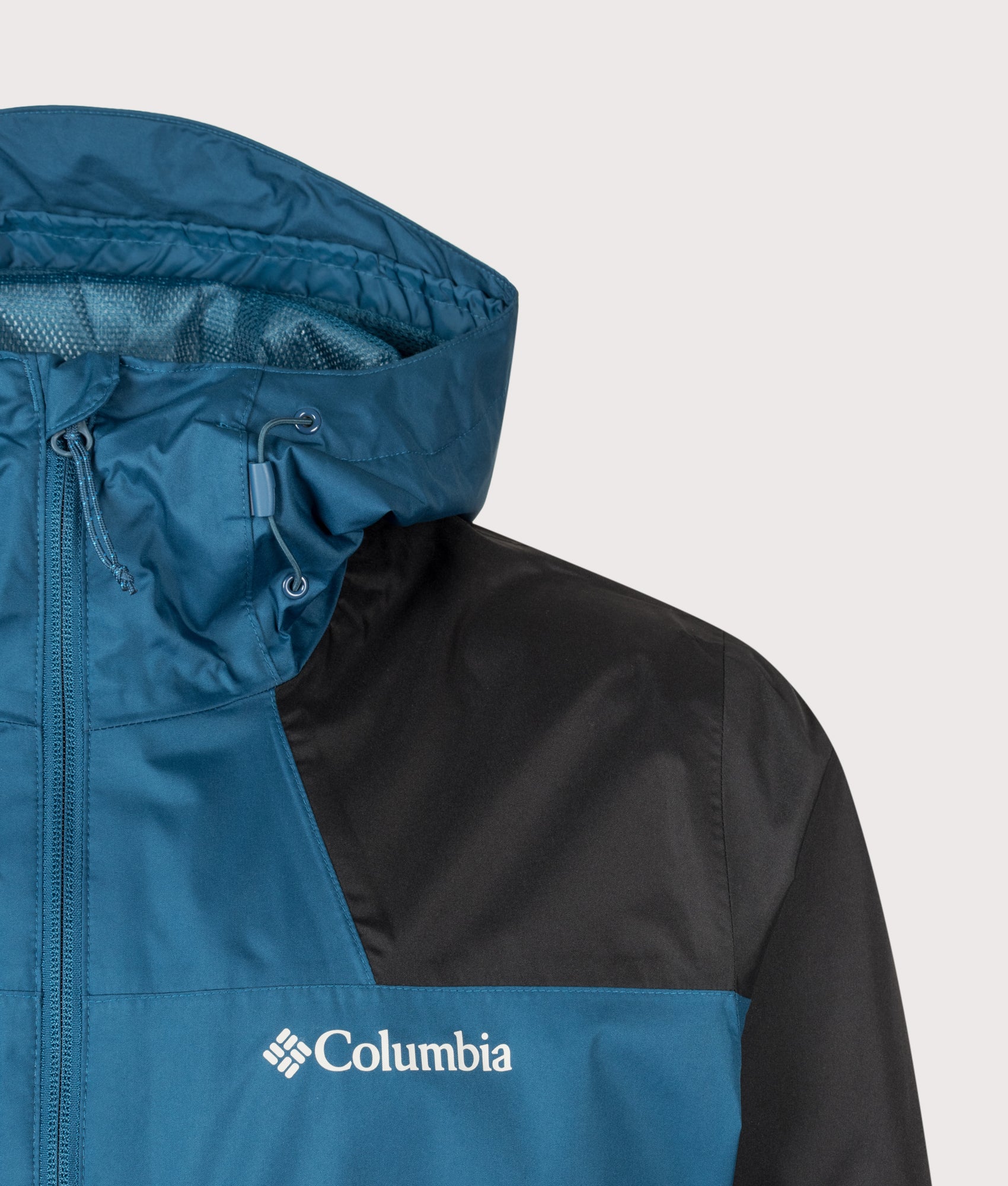 Columbia Regular Fit Inner Limits III Jacket in Phoenix Blue and Black at EQVVS Menswear. Detail shot.