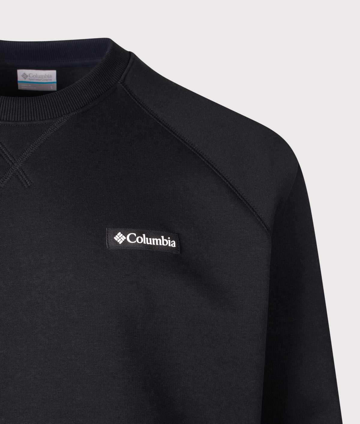 Columbia Regular Fit Dry Creek™ Heavyweight Crew Sweatshirt in Black at EQVVS Menswear. Detail shot.