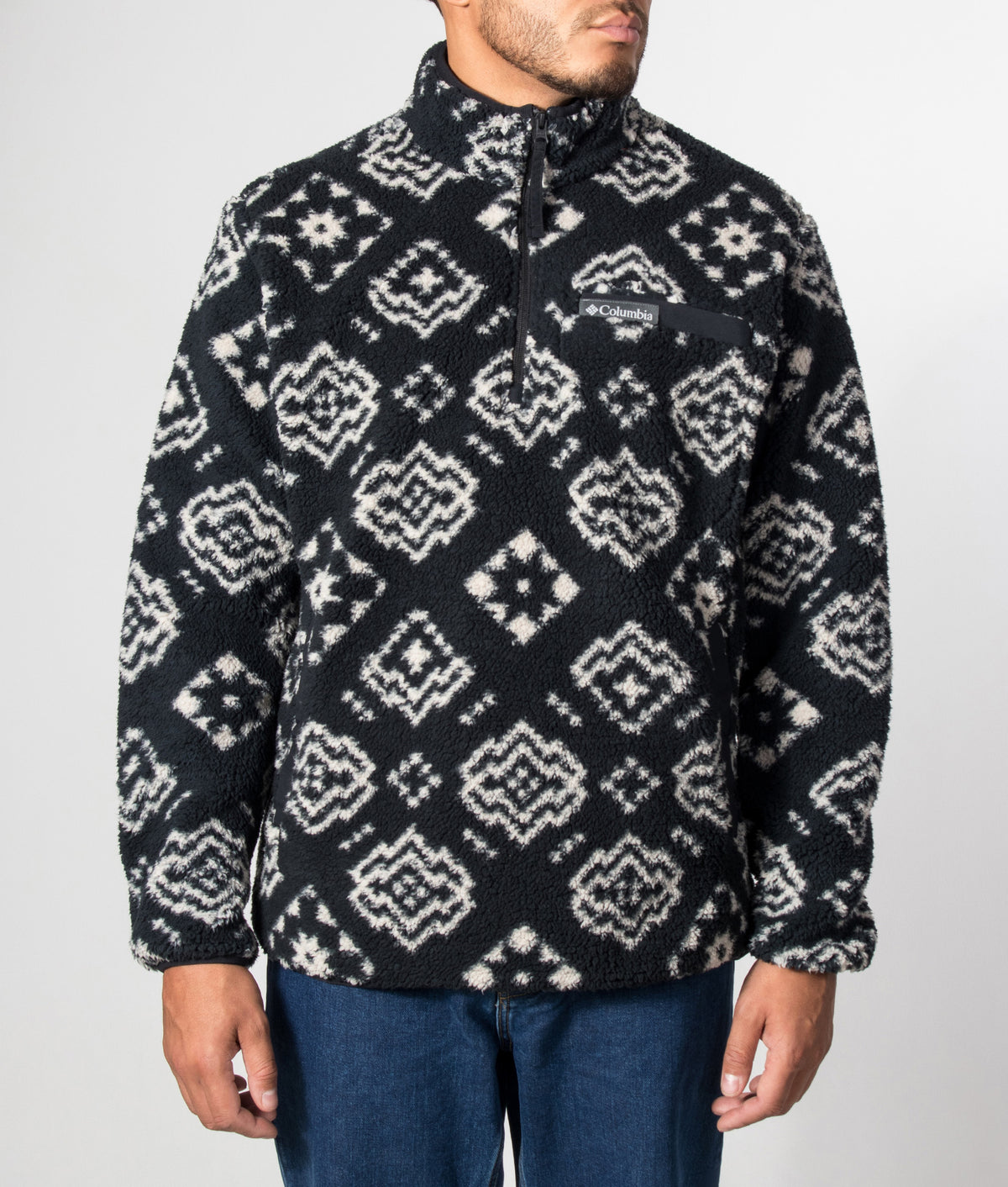 Columbia Regular Fit Rugged Ridge™ High Pile Quarter Zip Fleece in Black Checked Out and Black at EQVVS Menswear. Detail shot.