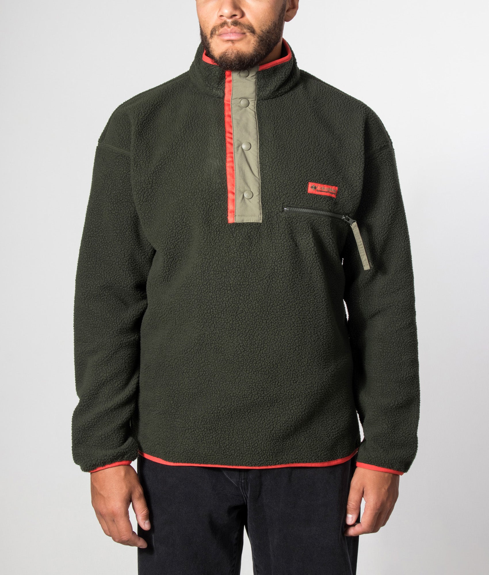 Columbia Regular Fit Helvetia II Half Snap Fleece in Greenscape at EQVVS Menswear. Model front shot.